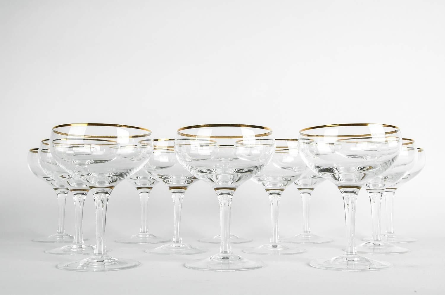 French Vintage Crystal Champagne Coupe Glassware Set 12 Pieces .