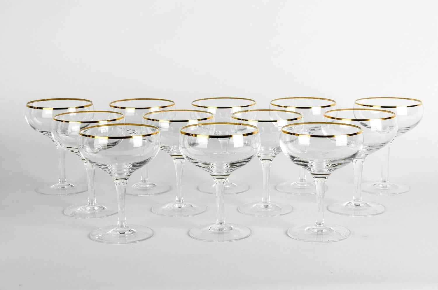 20th Century Vintage Crystal Champagne Coupe Glassware Set 12 Pieces .