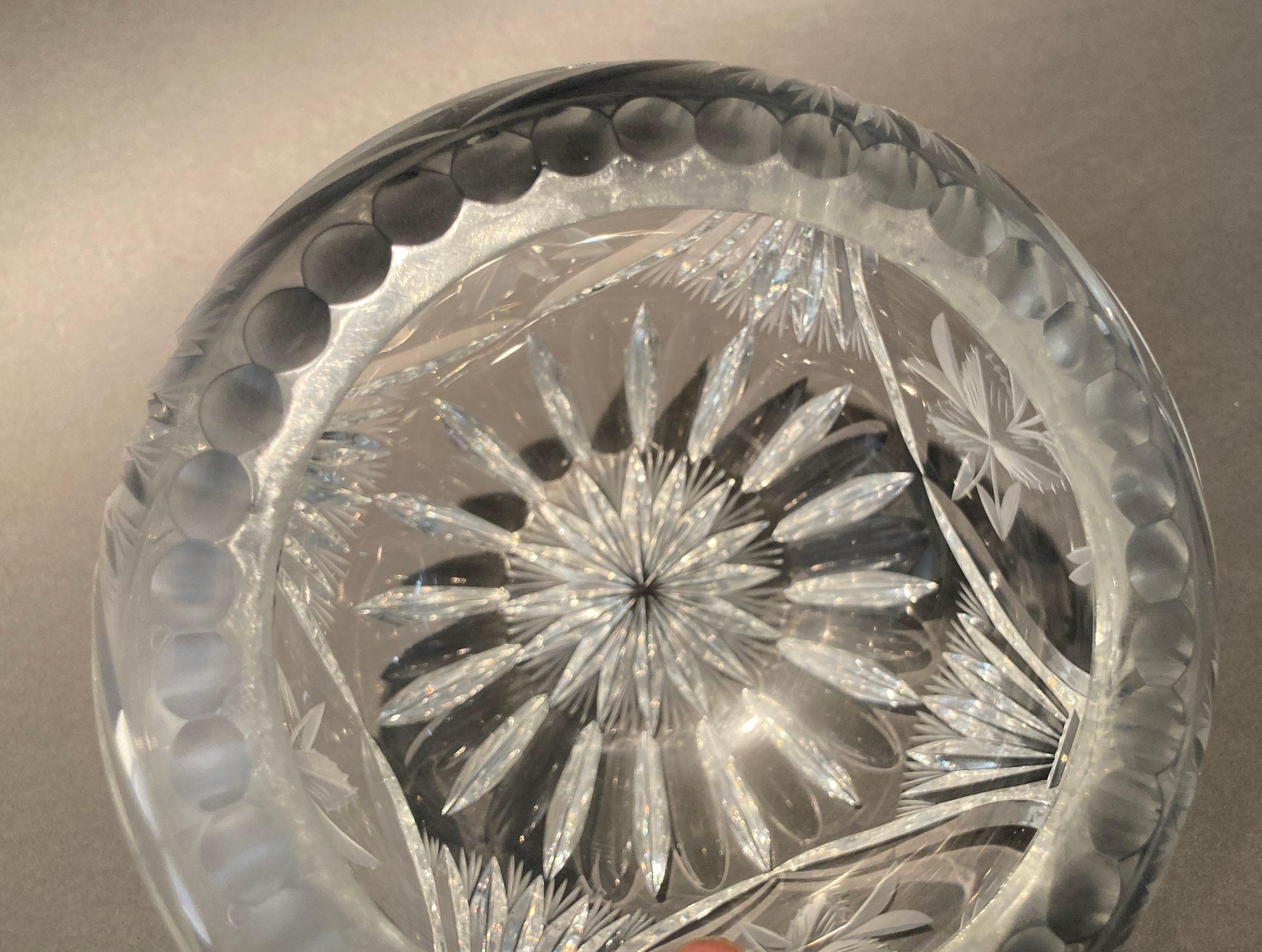 Polish Vintage Crystal Clear Etched Flower Vase Decorative Rose Bowl For Sale