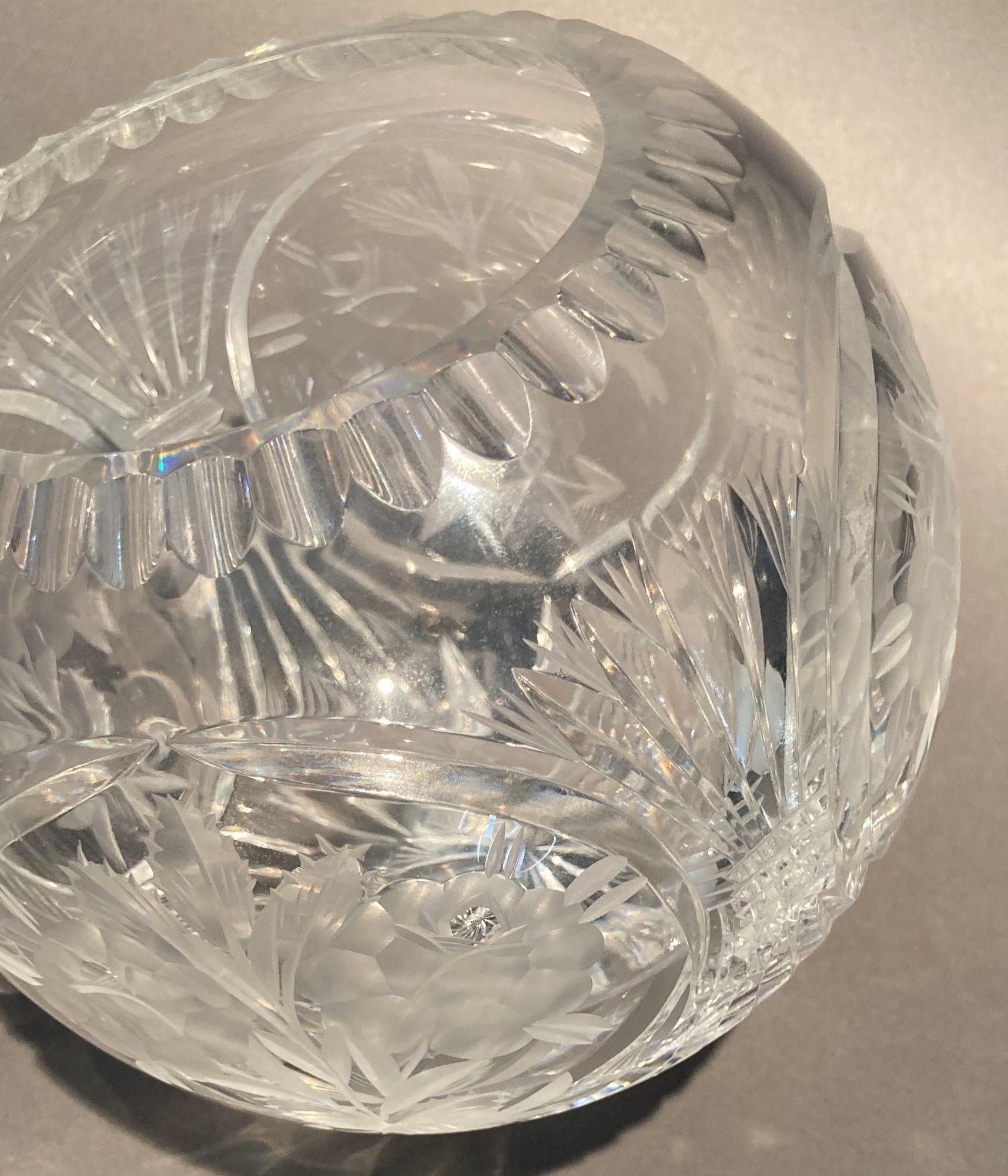 Hand-Crafted Vintage Crystal Clear Etched Flower Vase Decorative Rose Bowl For Sale