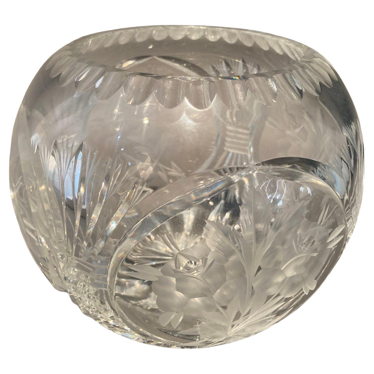 Vintage Crystal Clear Etched Flower Vase Decorative Rose Bowl For Sale