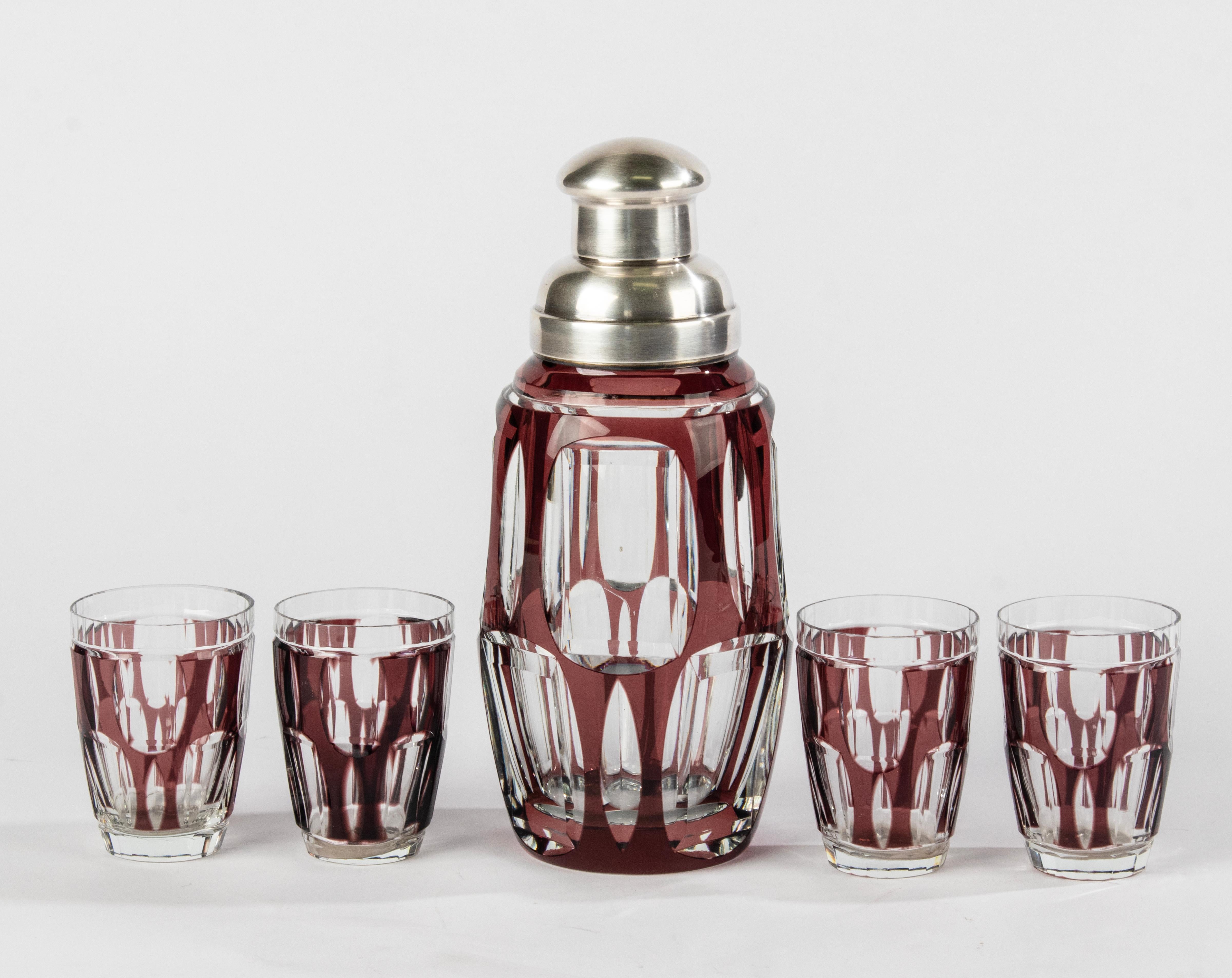 Mid-Century Modern Vintage Crystal Cocktail Shaker with 5 Glasses Attr. to Val Saint Lambert 