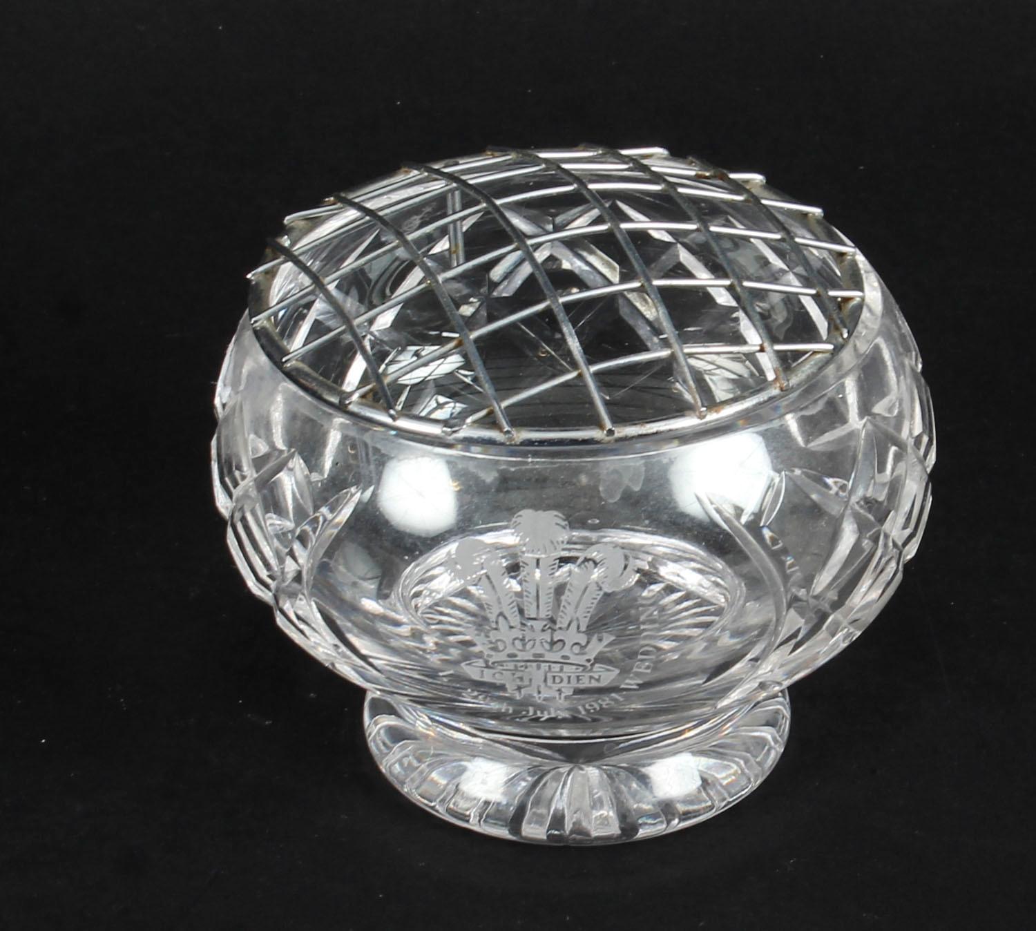 This is a splendid vintage Royal memorabilia cut glass rose bowl dating from the late 20th century.
 
This gorgeous small cut glass rose bowl is round in shape and it is commemorative of the Royal wedding of Prince Charles and Lady Diana Spencer
