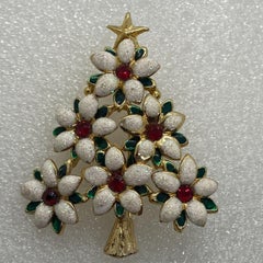 Vintage Crystal CZ Enamel Poinsettia Christmas Tree Brooch Pin