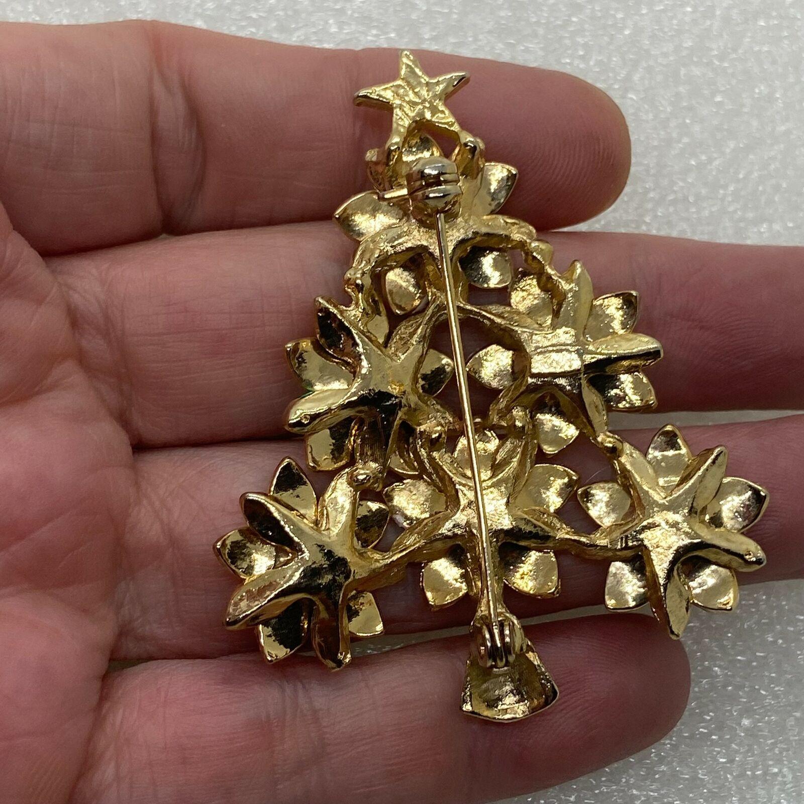 Modernist Vintage Crystal CZ Enamel Poinsettia Christmas Tree Brooch Pin