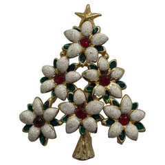 Vintage Crystal CZ Enamel Poinsettia Christmas Tree Brooch Pin