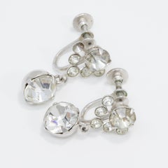 Vintage Crystal Dangle Earrings in Silver, Prong Set, Screw Back