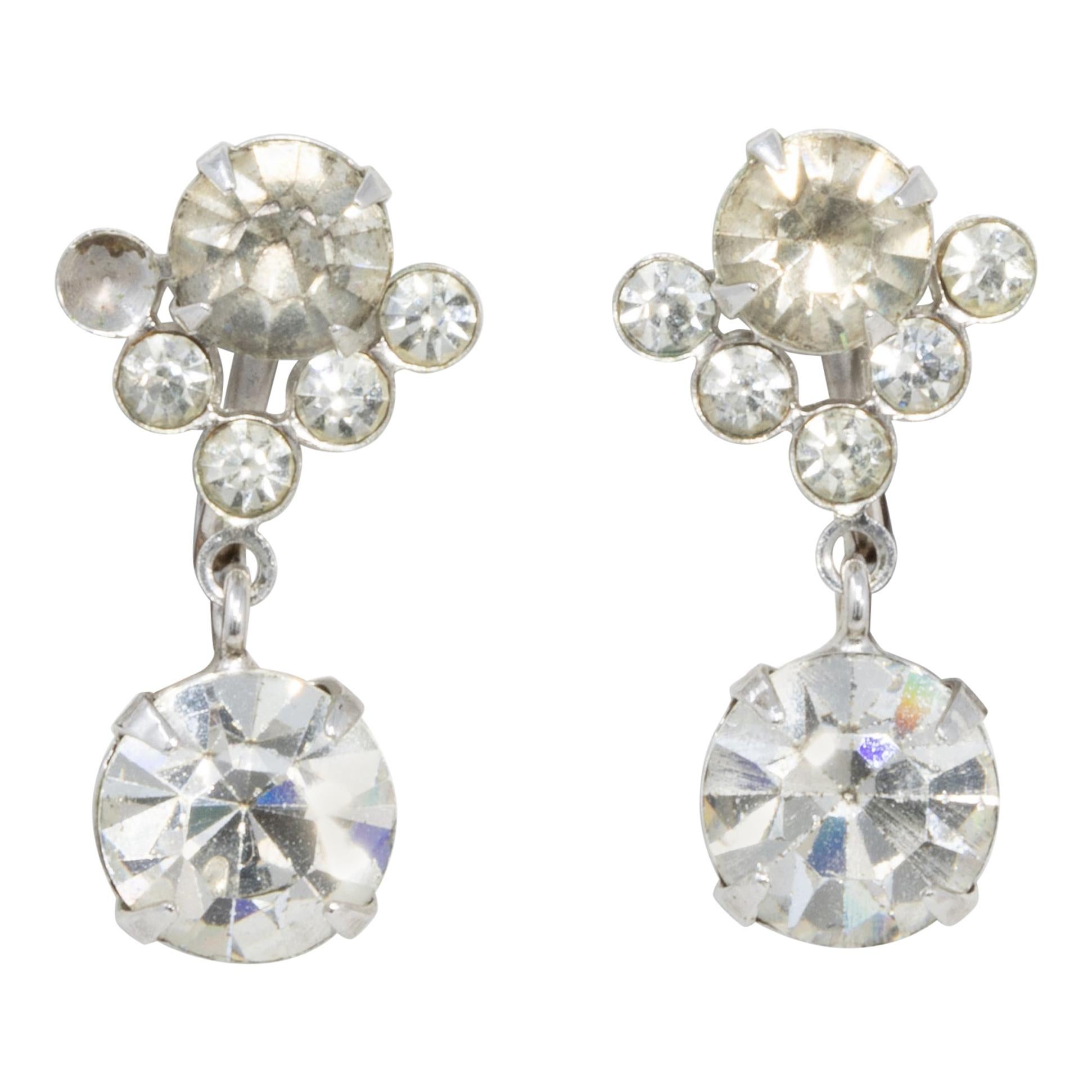 Vintage Crystal Dangle Earrings in Silver, Prong Set, Screw Back