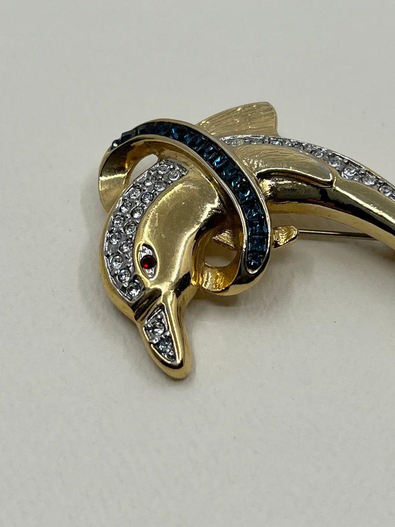 Alfiler Broche Vintage Delfín de Cristal Tono Oro Impresionante Modernista en venta