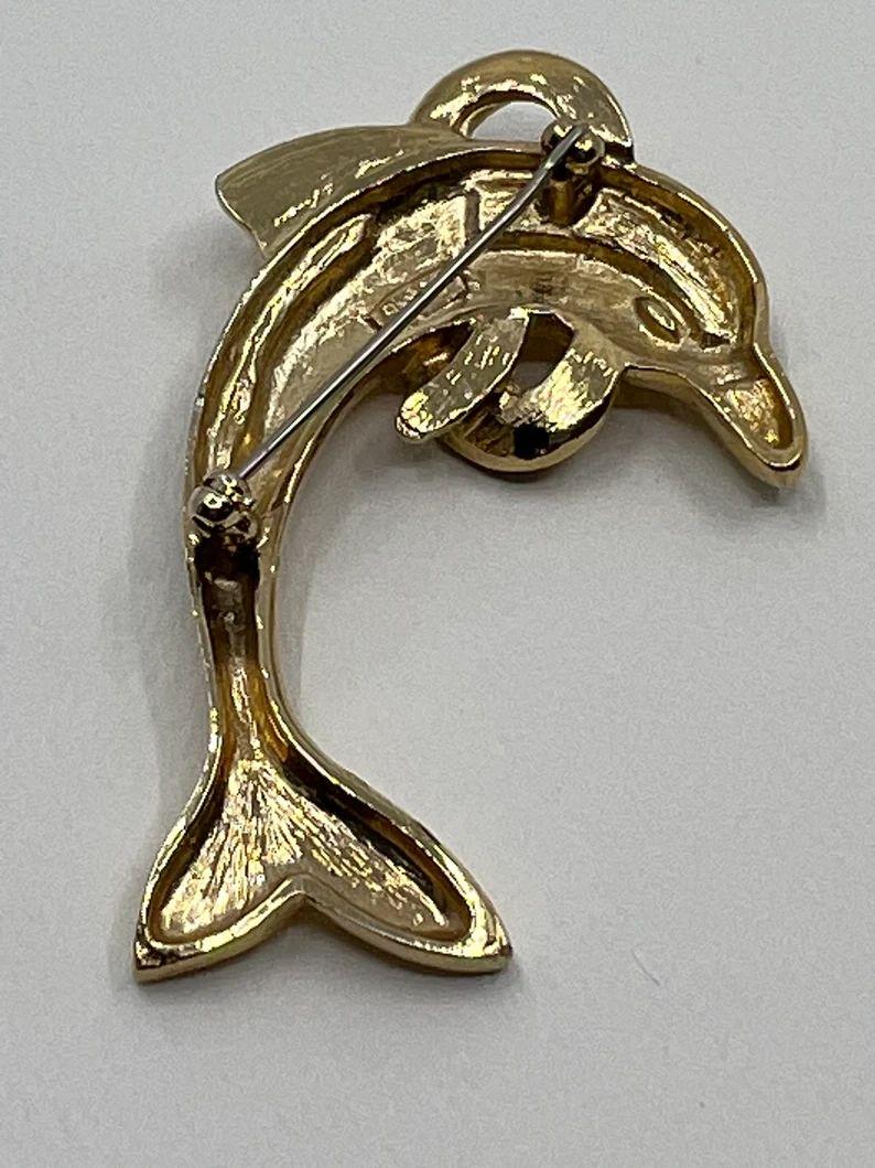 De las mujeres Alfiler Broche Vintage Delfín de Cristal Tono Oro Impresionante en venta