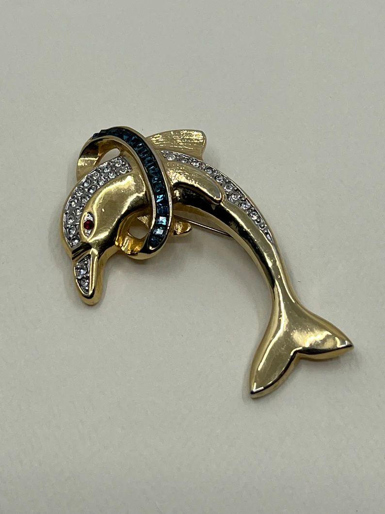 Alfiler Broche Vintage Delfín de Cristal Tono Oro Impresionante en venta 3