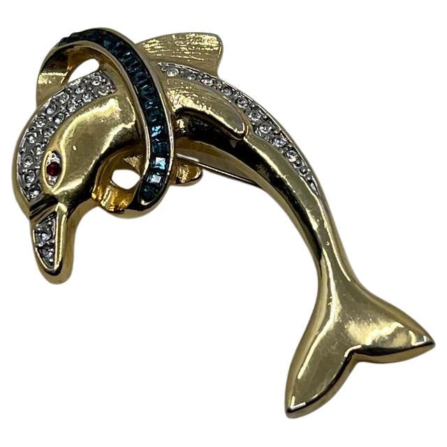 Alfiler Broche Vintage Delfín de Cristal Tono Oro Impresionante en venta