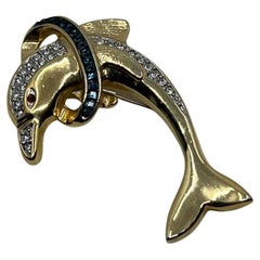 Vintage Crystal Dolphin Gold Tone Awesome Brooch Pin