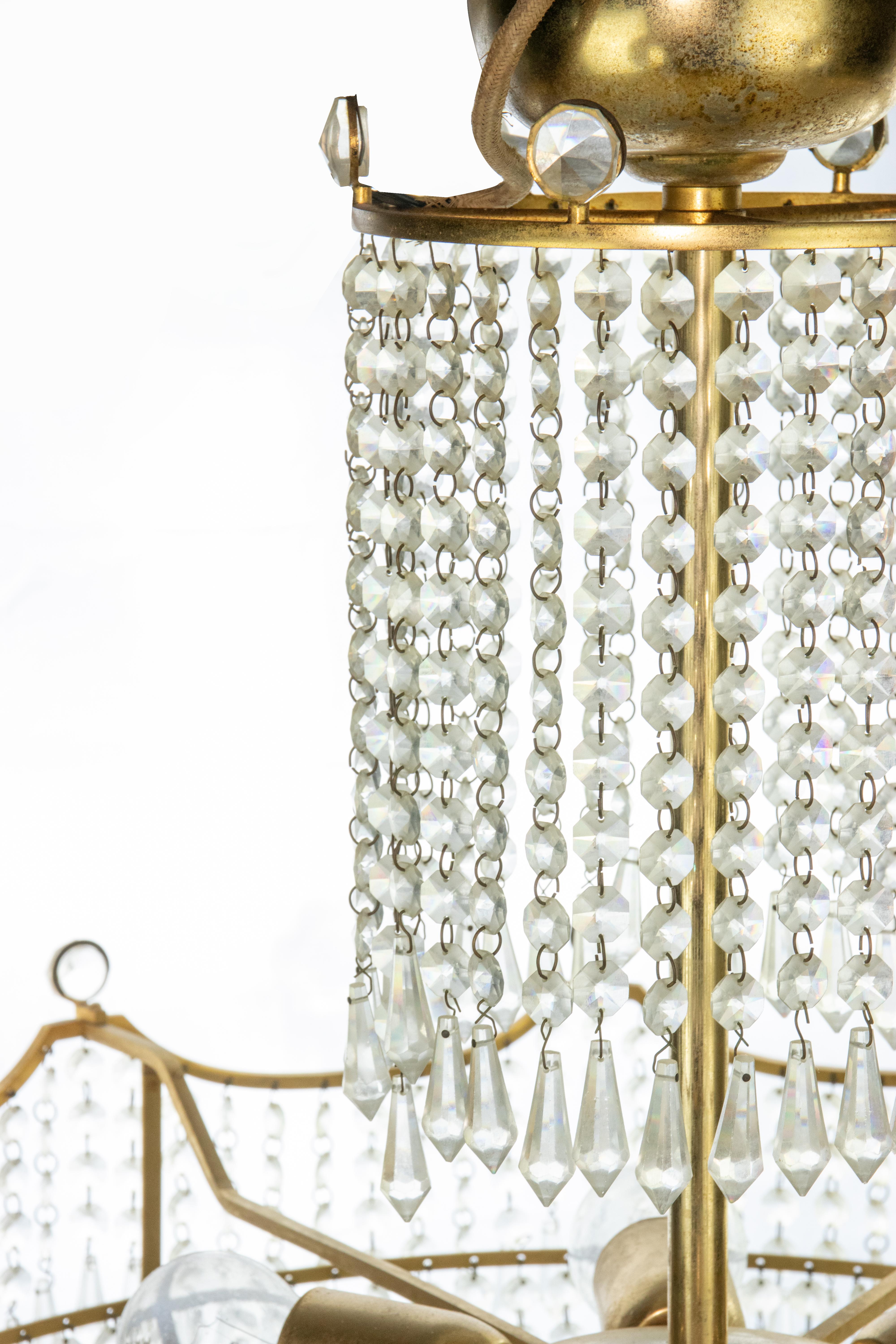 Gilt Vintage Crystal Drops Chandelier, Italy 1970s For Sale