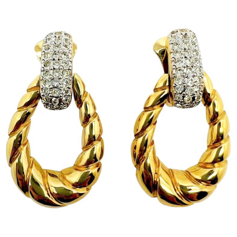 Vintage VOGUE BIJOUX Crystal Embellished Doorknocker Earrings 1980s For Sale