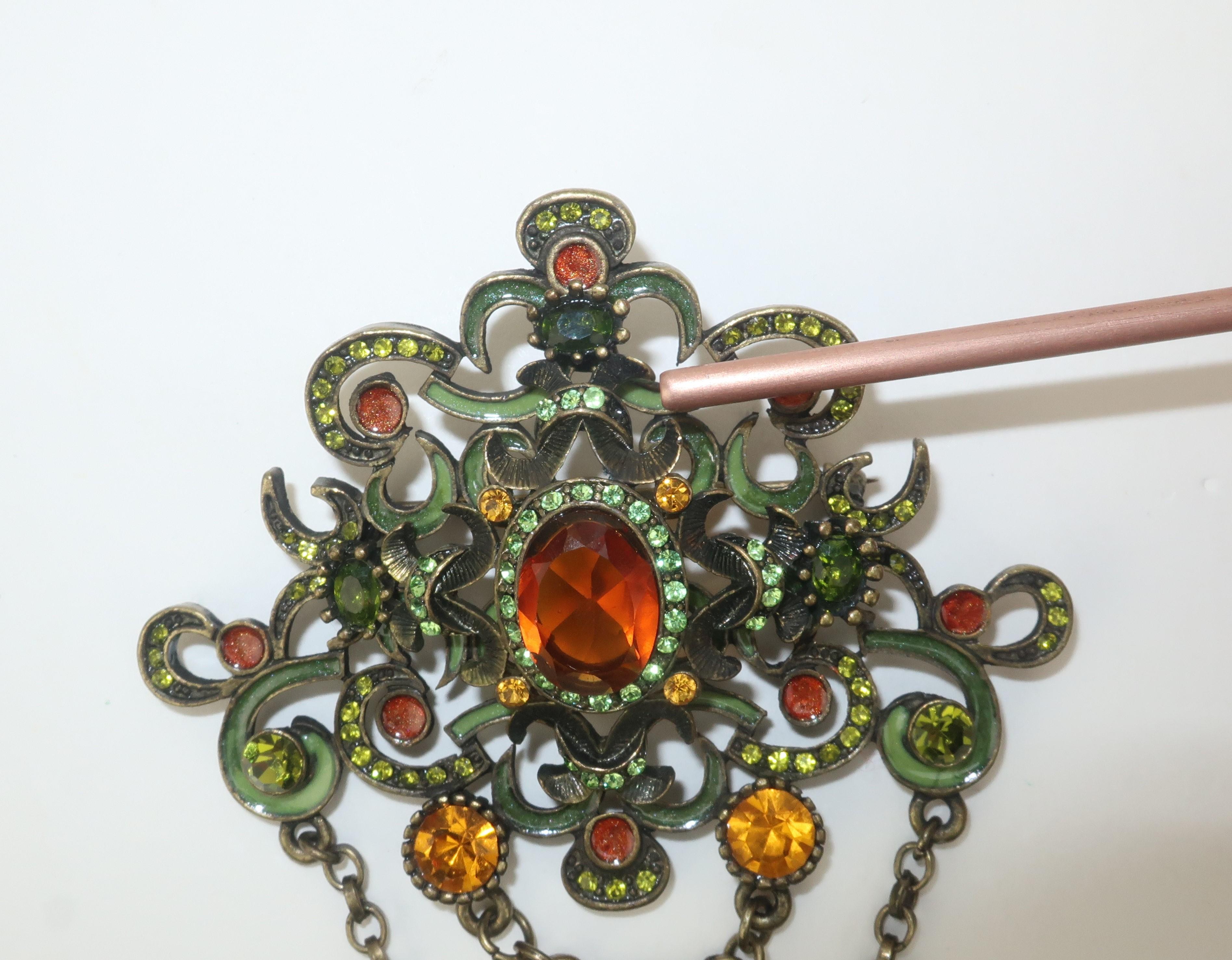 Women's Vintage Crystal & Enamel Dangle Brooch in Autumnal Colors For Sale