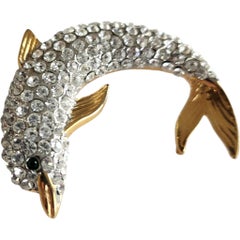 Vintage Crystal-Encrusted Dolphin Brooch with Gold-Tone Accents