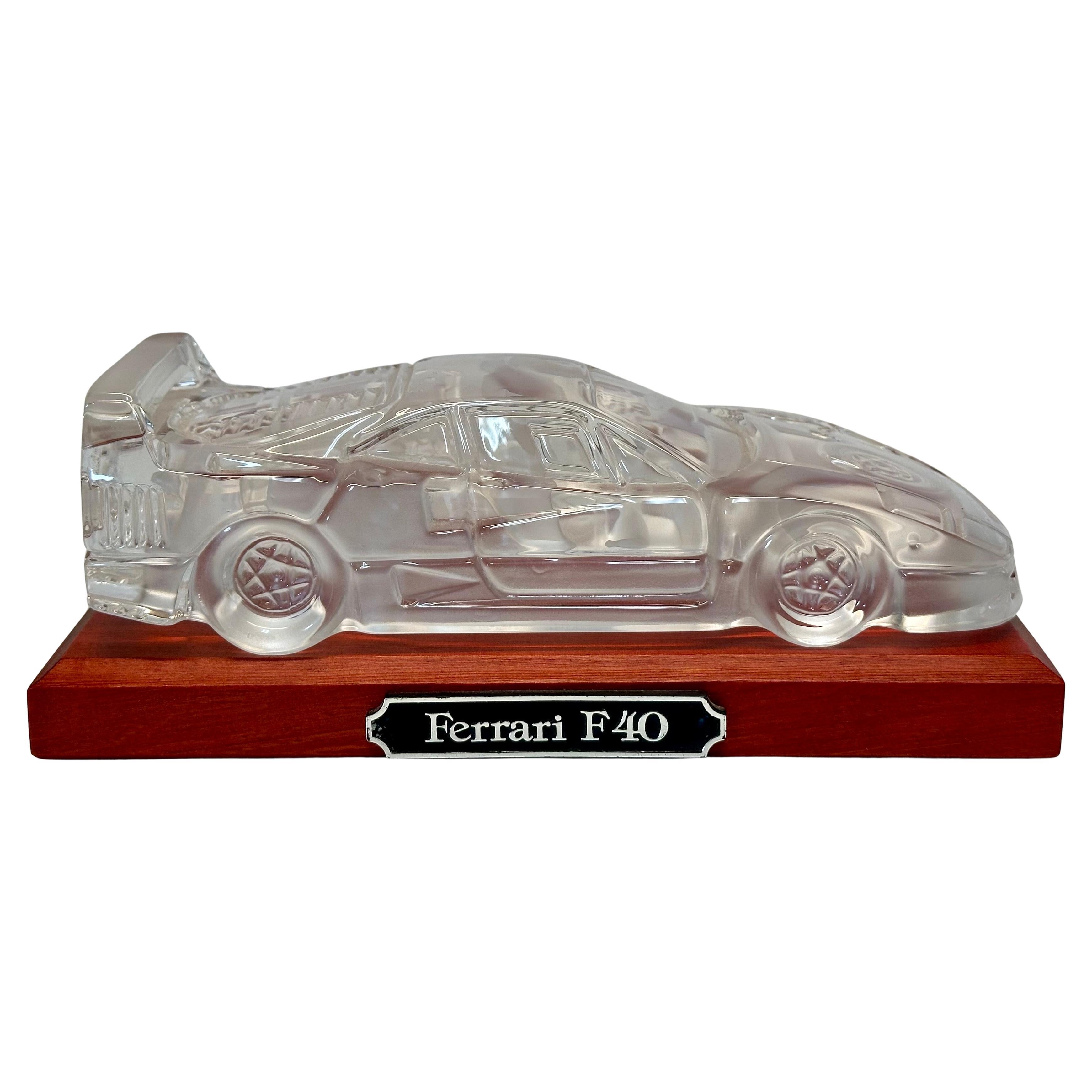 Vintage Crystal Ferrari F40 Paperweight on Wood Pedestal by