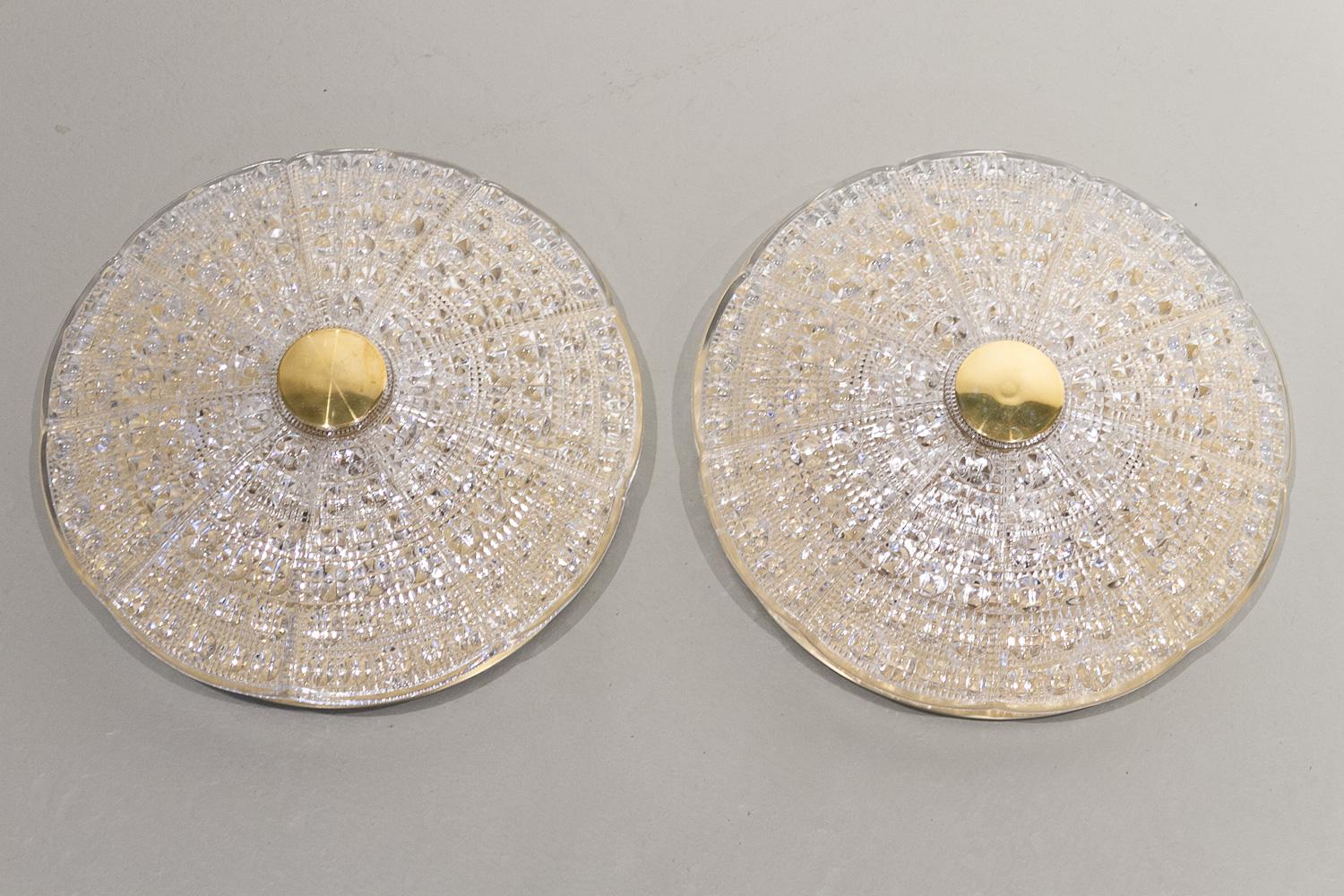 Scandinavian Modern Vintage Crystal Flush Mounted Ceiling Lamps by Carl Fagerlund, 1960s. Set of 2. For Sale