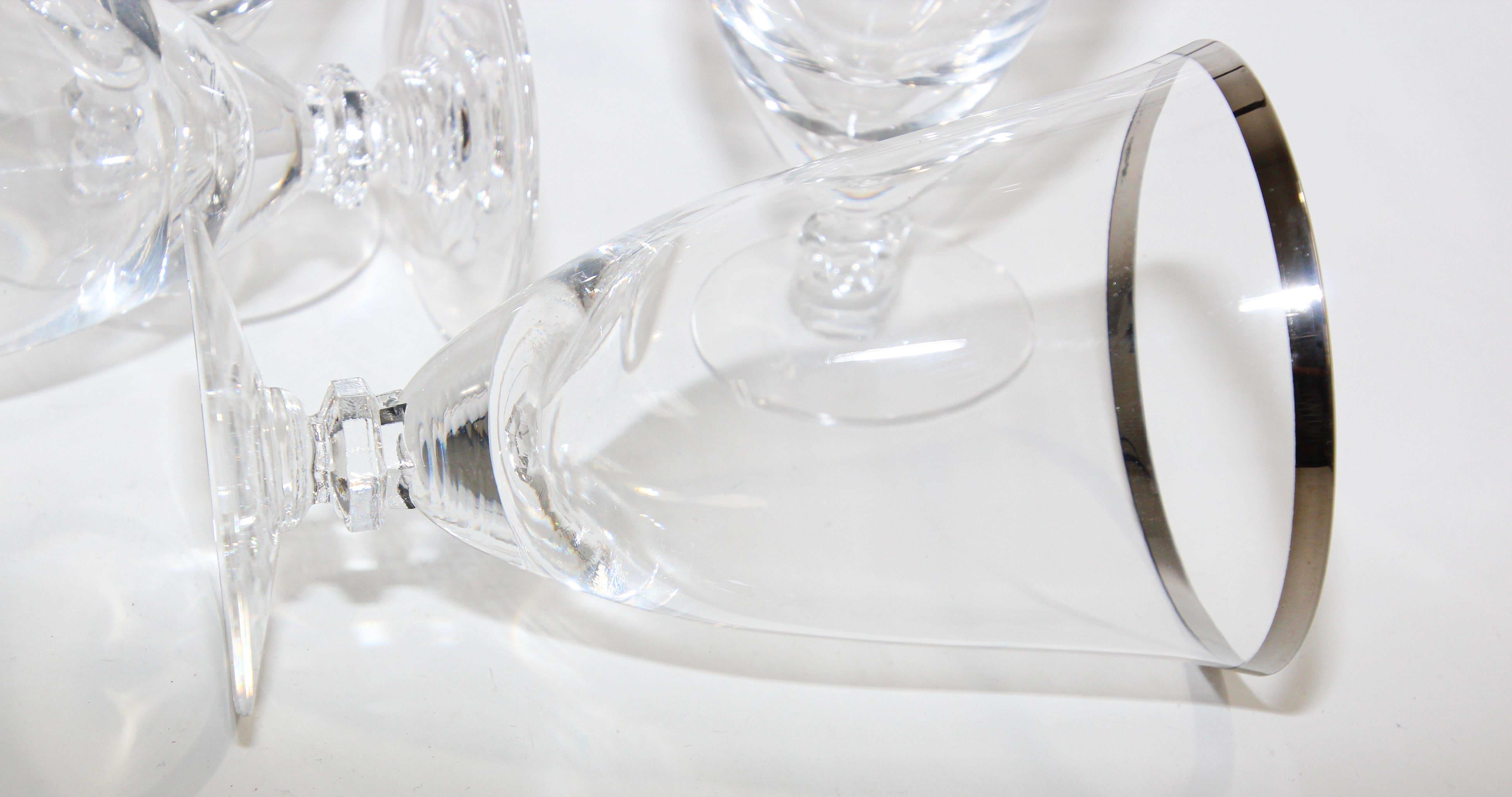 Vintage Crystal Footed Drinking Glasses Silver Rimmed Goblets For Sale 3