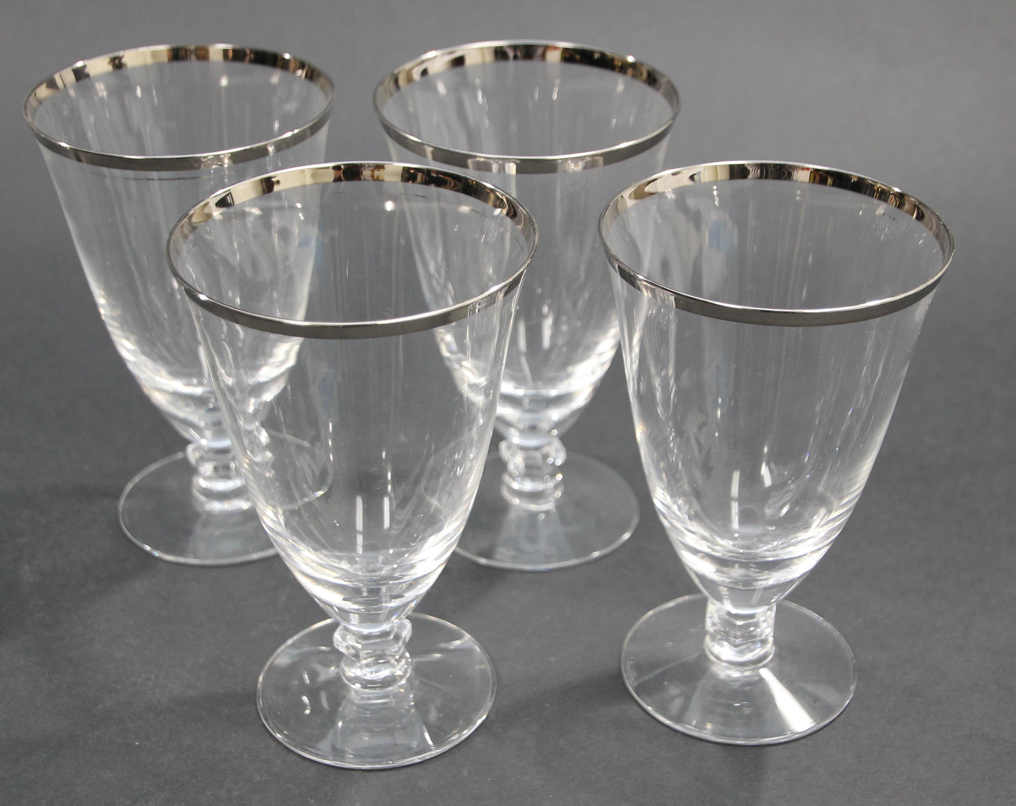 Vintage Crystal Footed Drinking Glasses Silver Rimmed Goblets For Sale 5