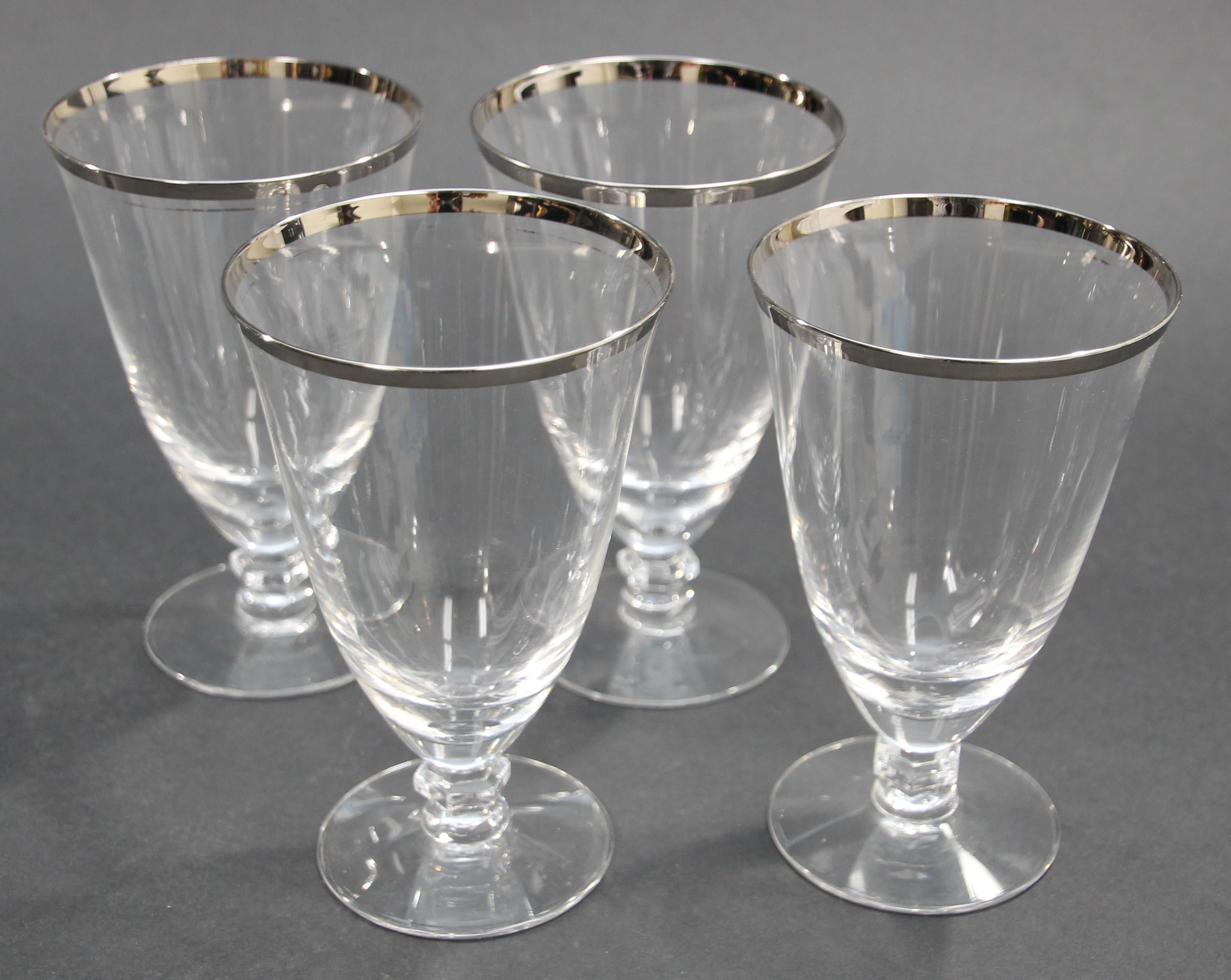 Vintage Crystal Footed Drinking Glasses Silver Rimmed Goblets For Sale 7
