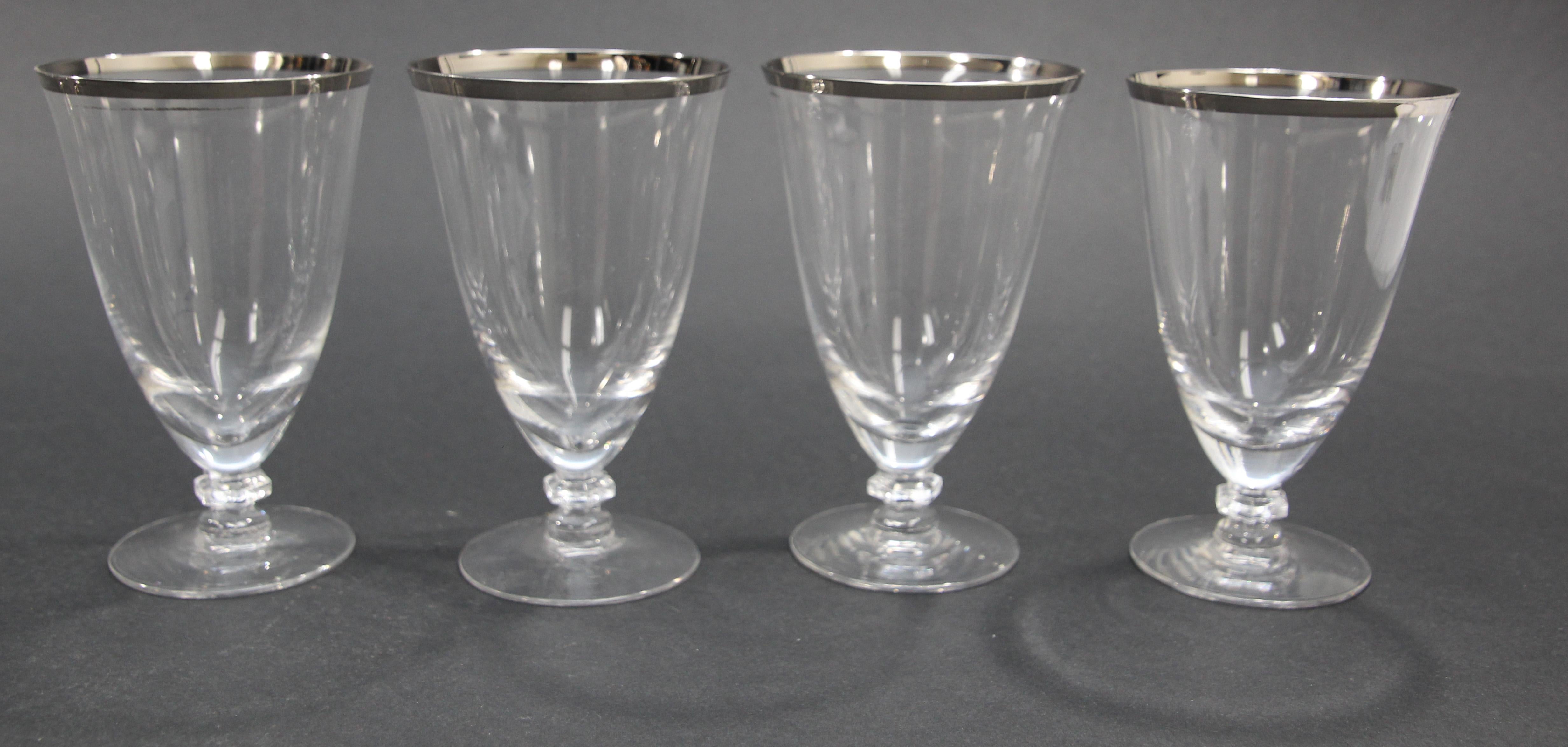 Vintage Crystal Footed Drinking Glasses Silver Rimmed Goblets For Sale 10