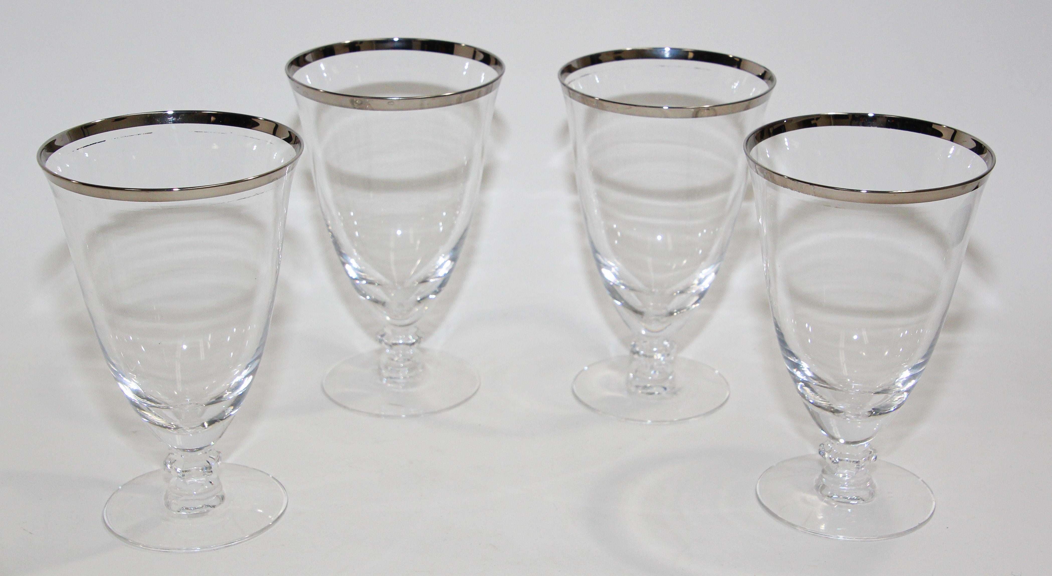 Neoclassical Vintage Crystal Footed Drinking Glasses Silver Rimmed Goblets For Sale