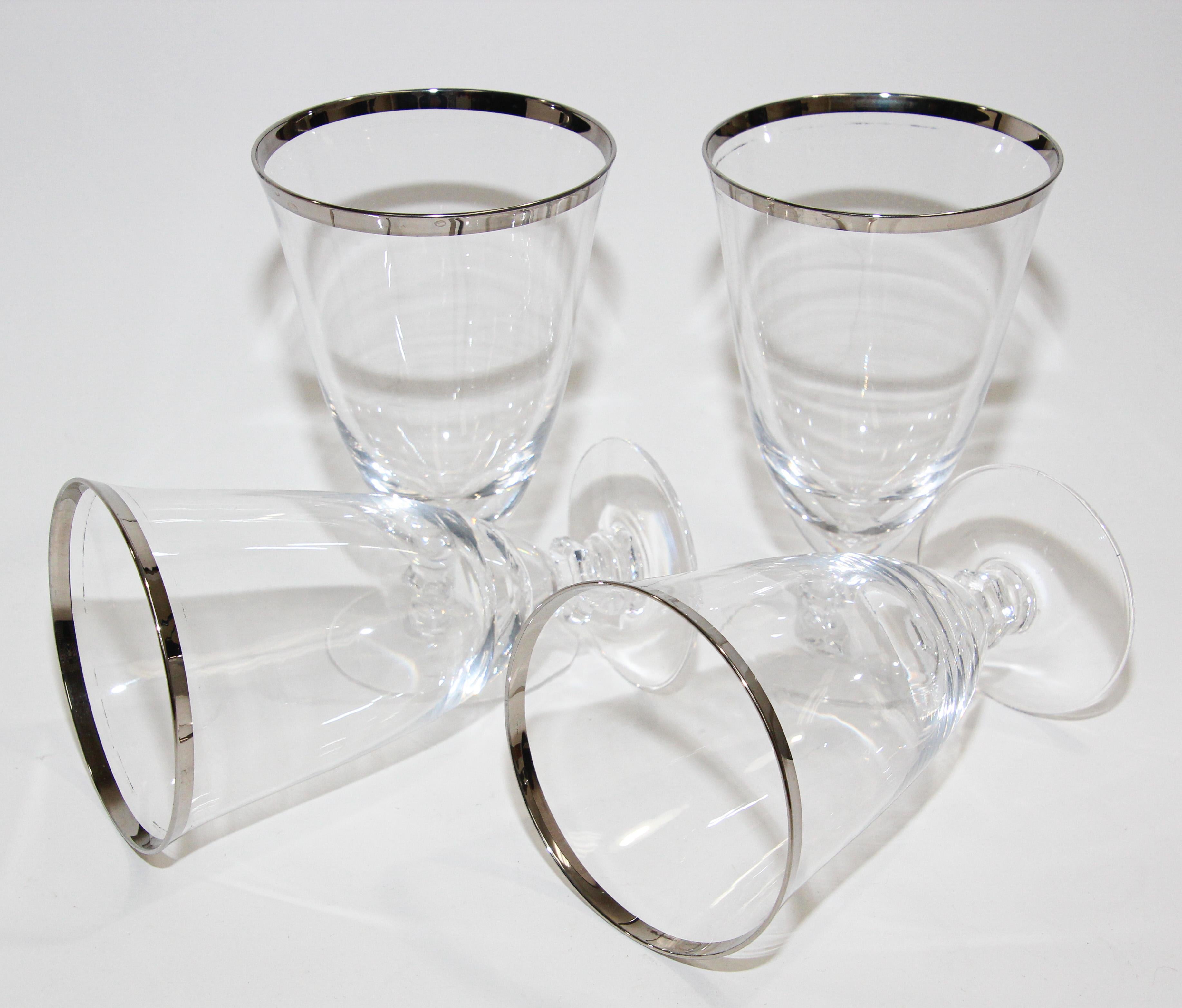 French Vintage Crystal Footed Drinking Glasses Silver Rimmed Goblets For Sale