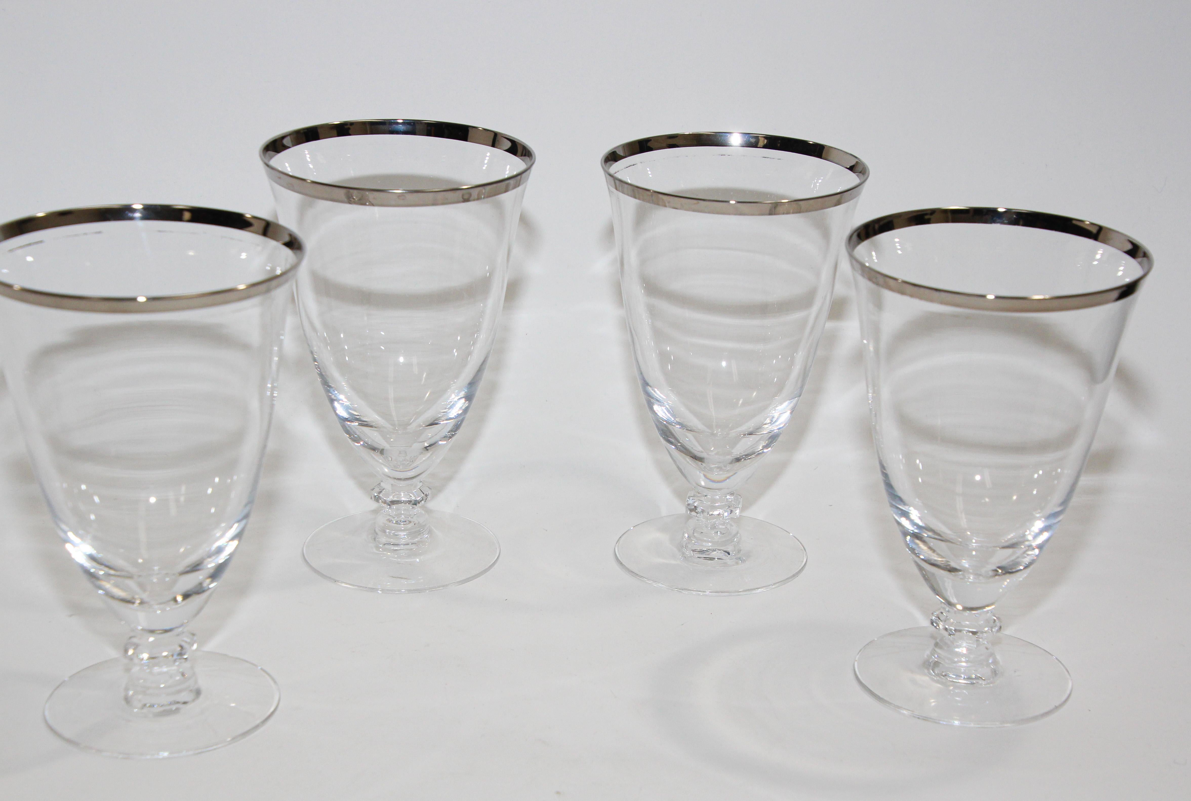 Vintage Crystal Footed Drinking Glasses Silver Rimmed Goblets In Good Condition For Sale In North Hollywood, CA