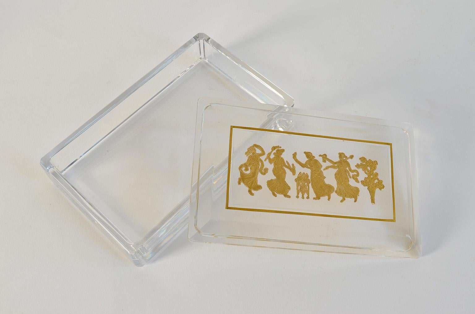 Vintage, midcentury crystal glass box by Leon Ledru for Val Saint Lambert,
with a mythological dance scene, etched in gold known as 