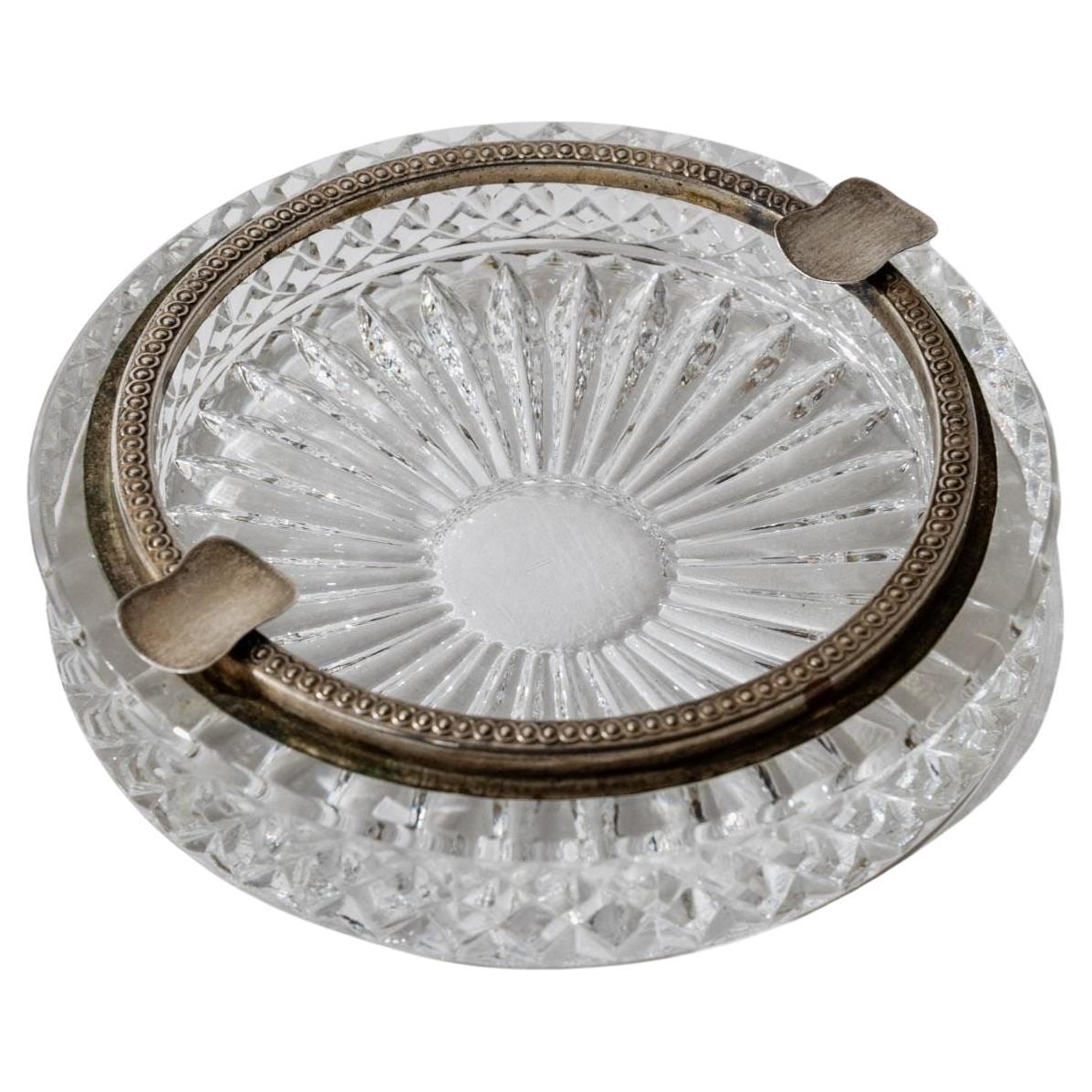 Vintage Crystal Glass Silver Plated Rim Ashtray with Textured Design, 1920s