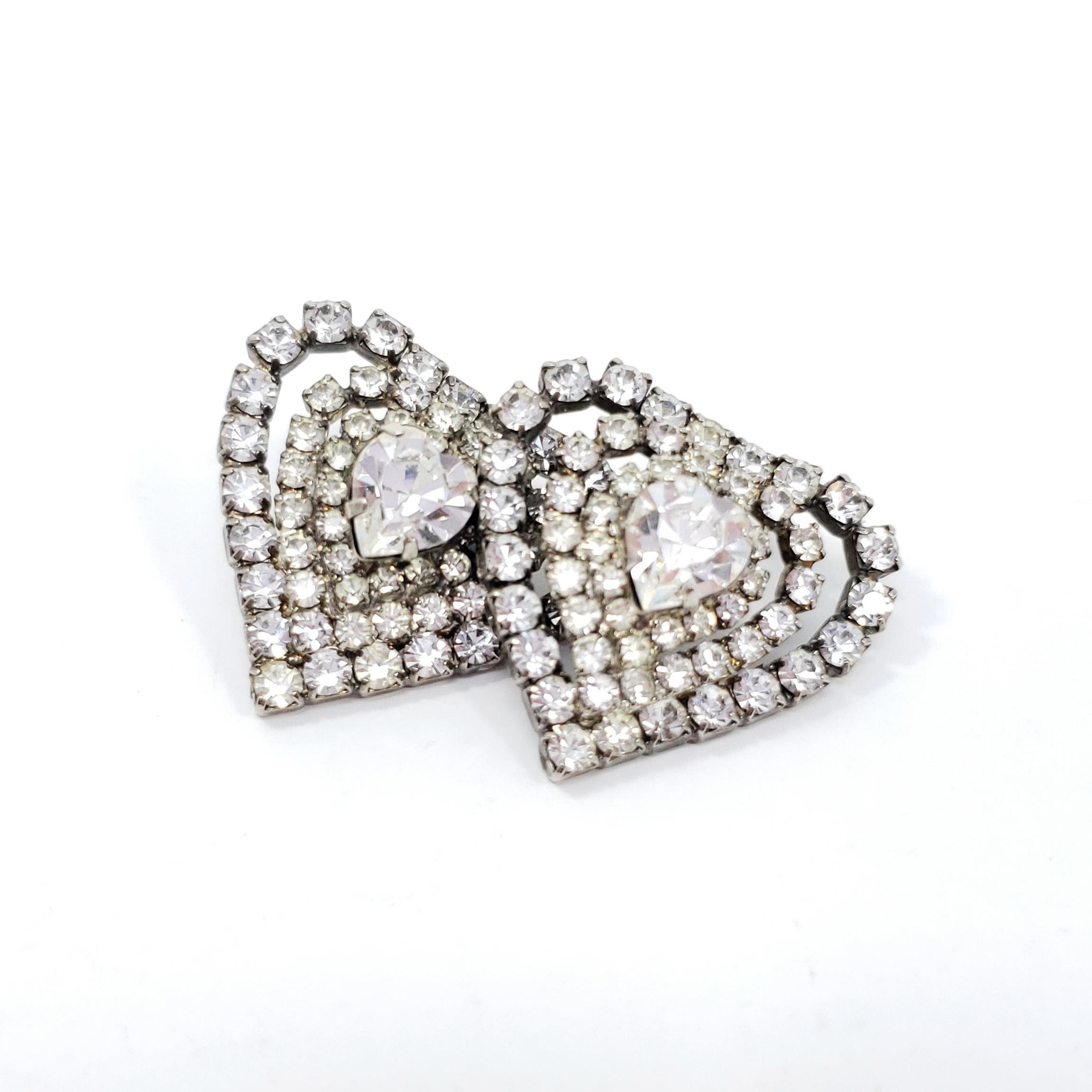 Retro Vintage Crystal Heart Earrings, Post Backs, Mid 1900s For Sale