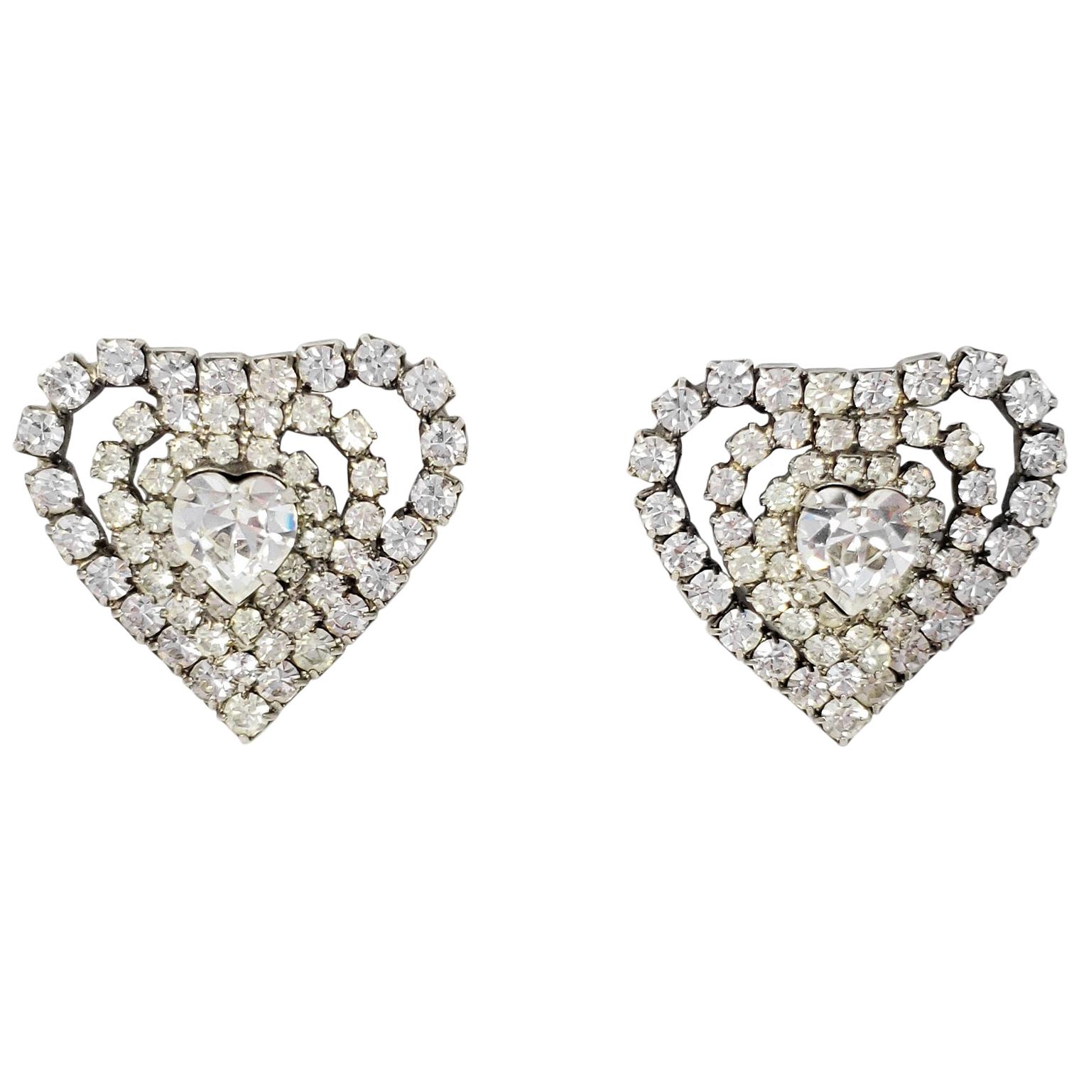 Vintage Crystal Heart Earrings, Post Backs, Mid 1900s For Sale