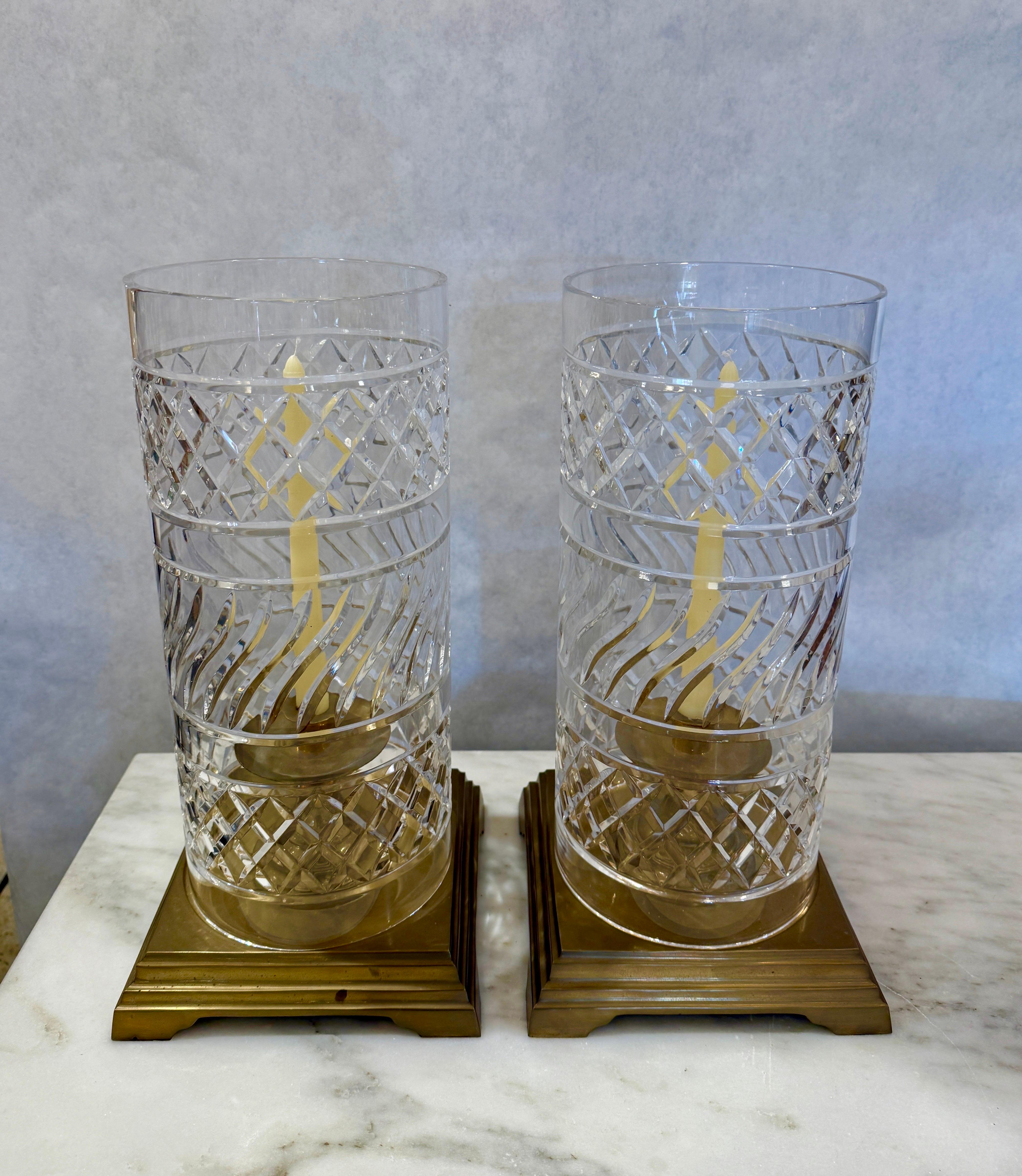 Vintage Crystal & Heavy Brass Hurricane Lanterns, PAIR For Sale 5