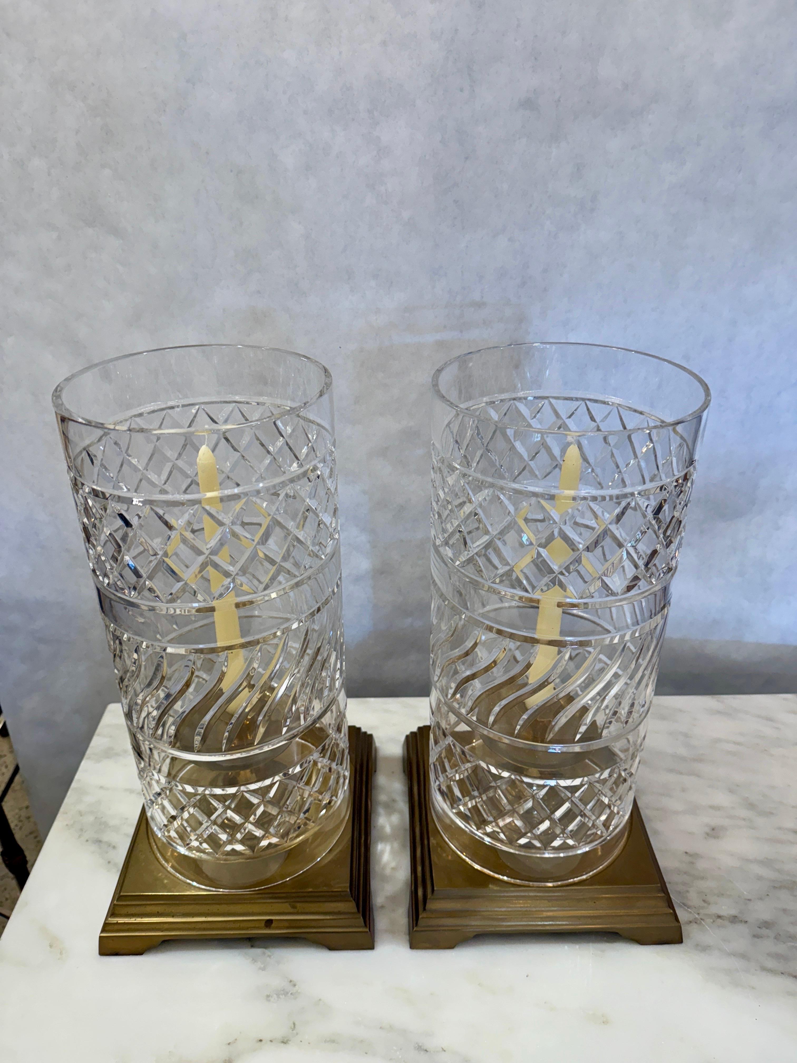 Vintage Crystal & Heavy Brass Hurricane Lanterns, PAIR In Good Condition For Sale In North Miami, FL