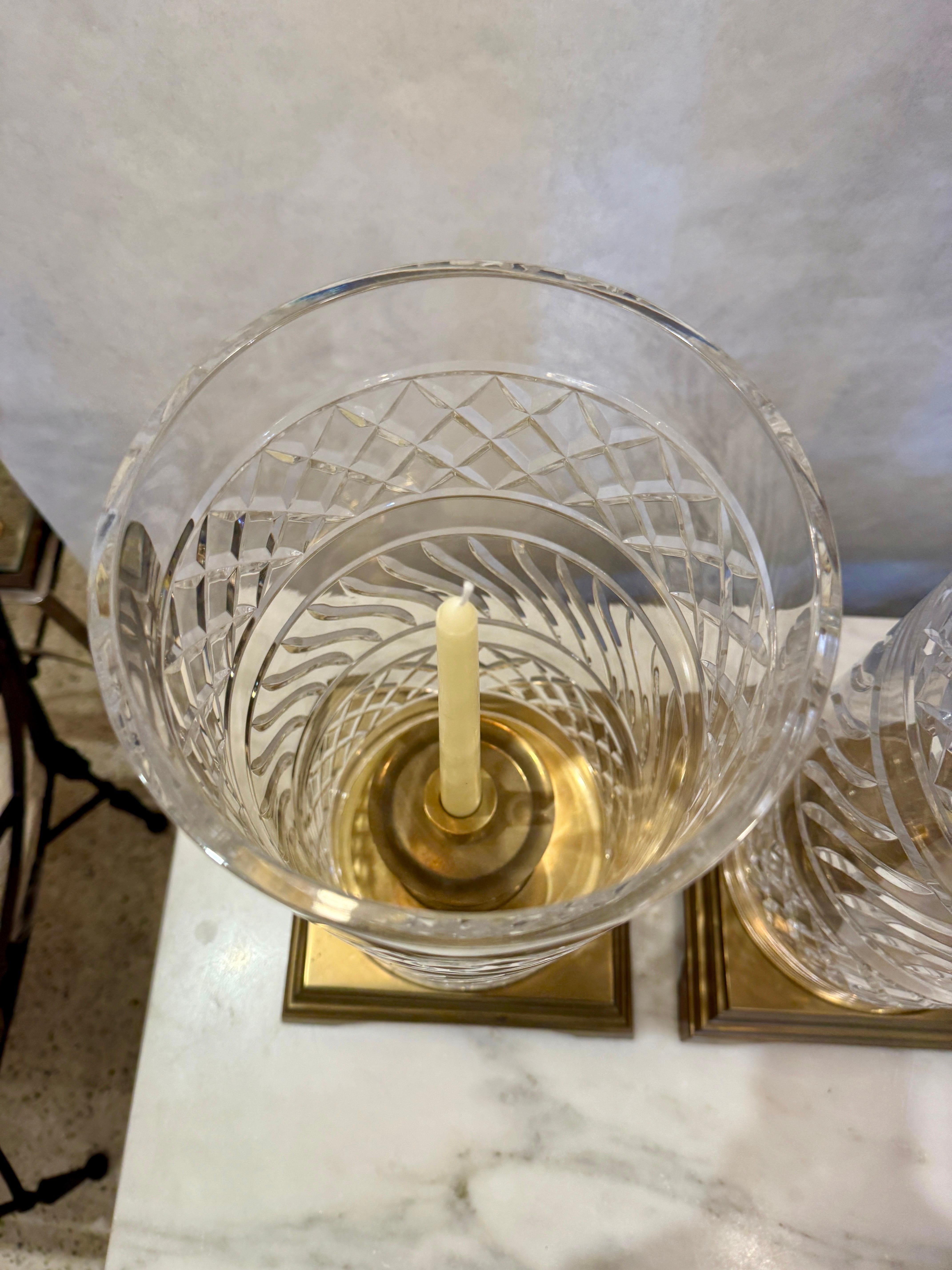 Mid-20th Century Vintage Crystal & Heavy Brass Hurricane Lanterns, PAIR For Sale