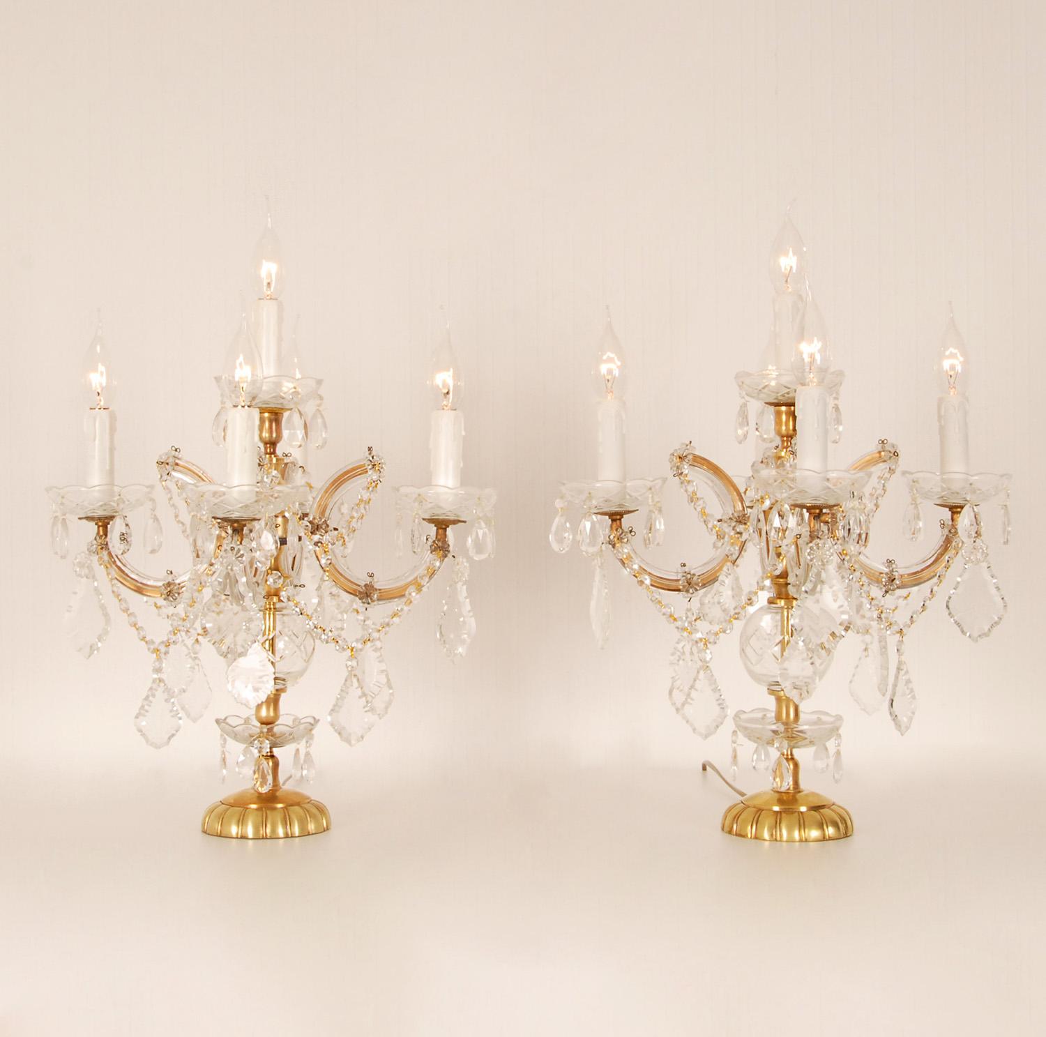 Vintage 5 light Table lamps or table Chandeliers also known as Girandoles
Material: Crystal, blown glass, gold gilded bradd
Design: Palacy style In the manner of Baguès, Baccarat, Murano, Venice glass, Banci Firenze
Style: Marie Therese, Empire,