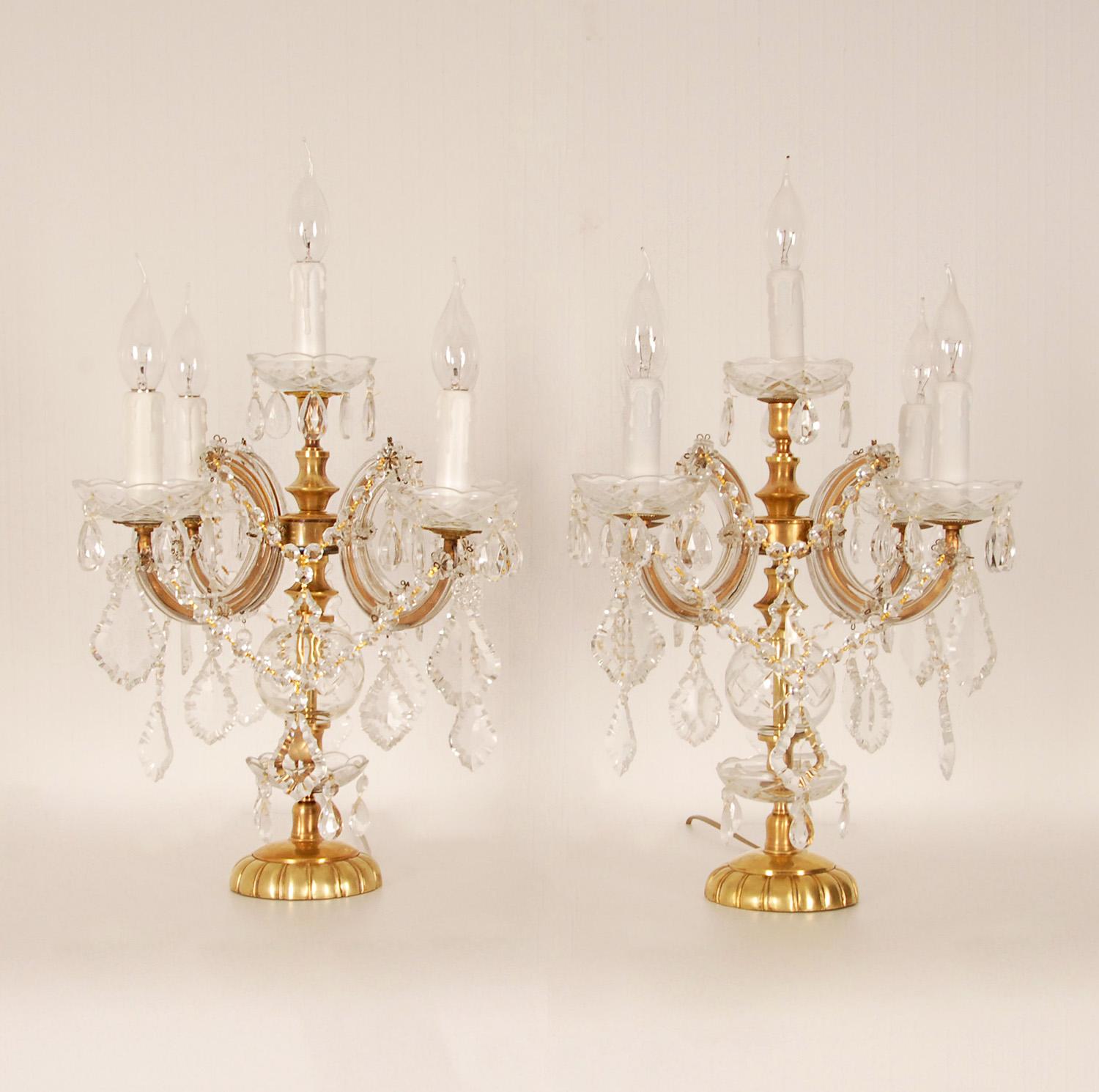 Baroque Vintage Crystal Lamps Marie Therese Gold Gilded Brass Crystal Table Lamps a Pair For Sale