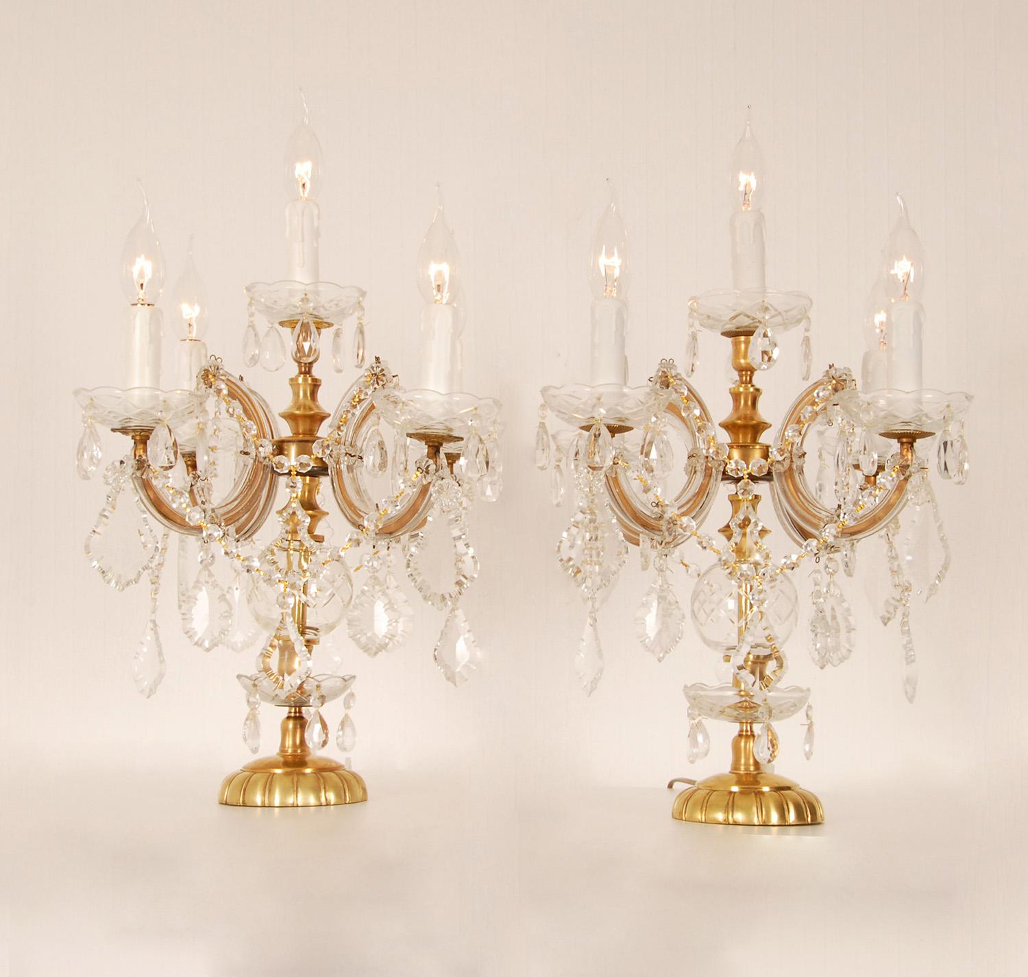 Austrian Vintage Crystal Lamps Marie Therese Gold Gilded Brass Crystal Table Lamps a Pair