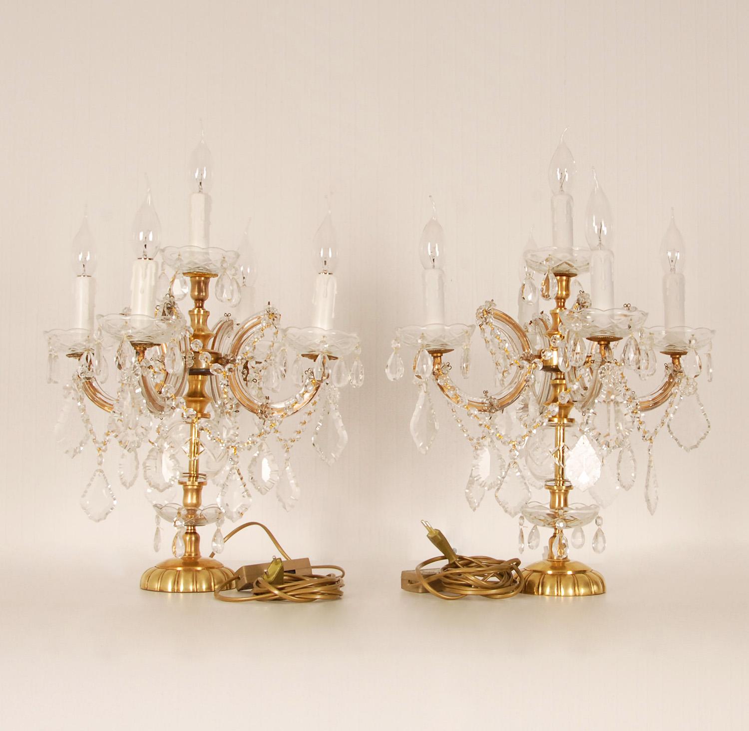 20th Century Vintage Crystal Lamps Marie Therese Gold Gilded Brass Crystal Table Lamps a Pair