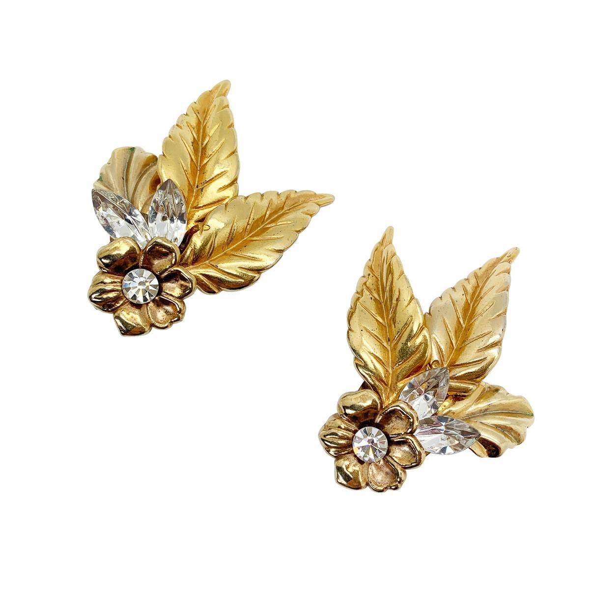 Vintage Crystal Leaf Earrings 1950s In Good Condition For Sale In Wilmslow, GB