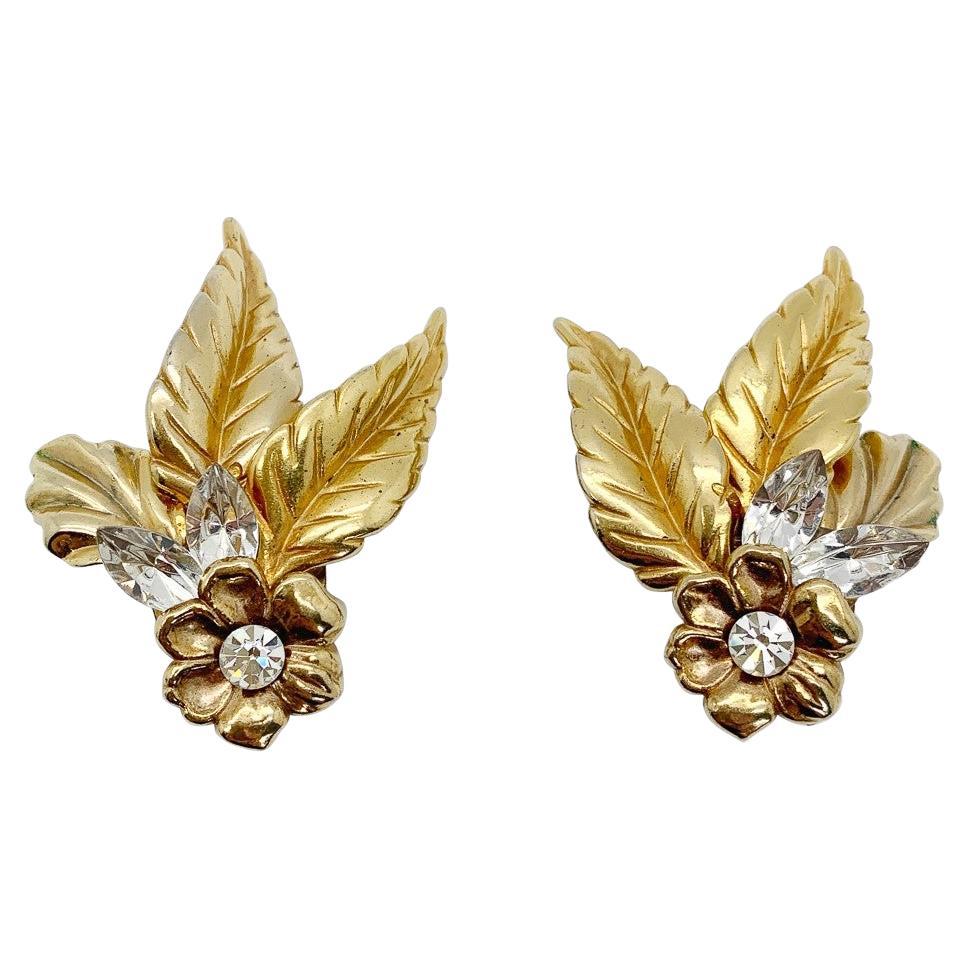 Vintage Crystal Leaf Earrings 1950s For Sale