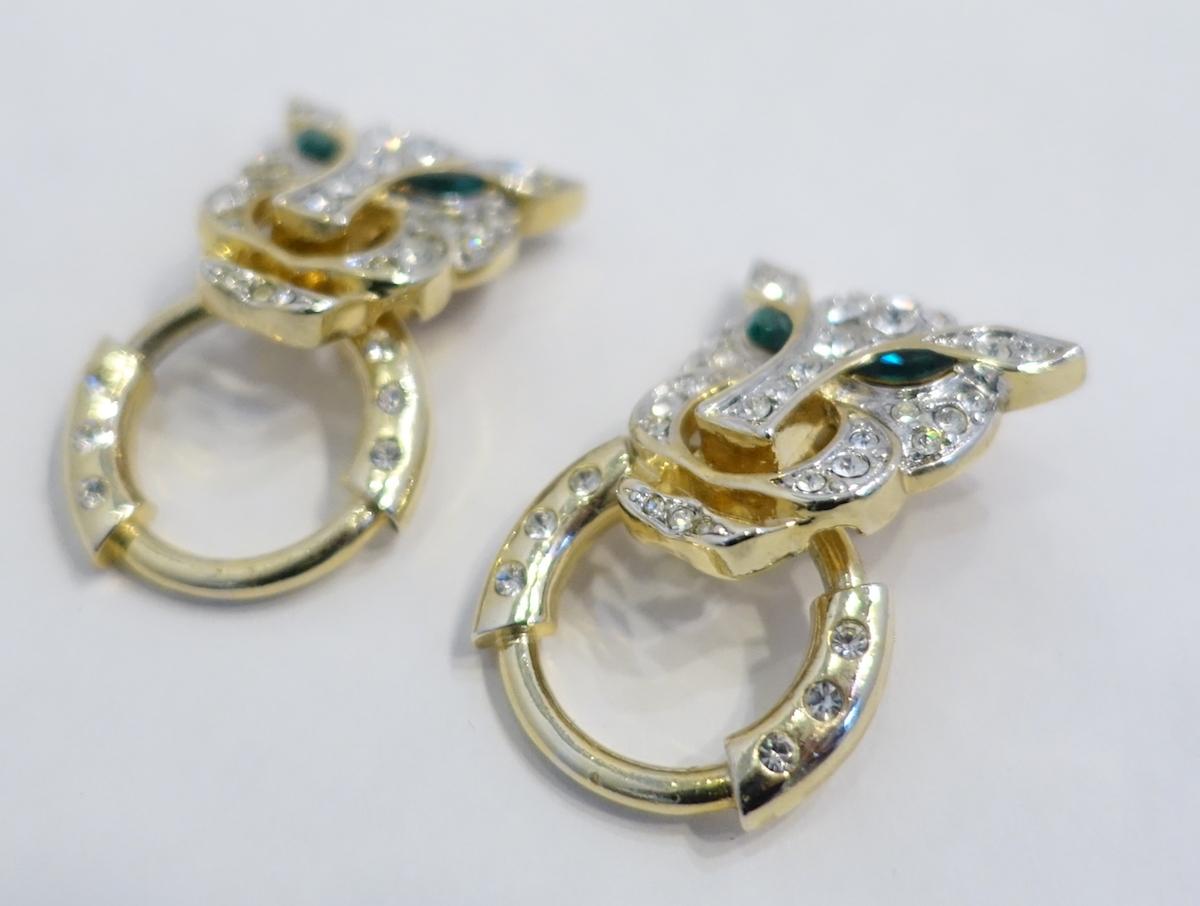 Vintage Crystal Leopard Door Knocker Earrings In Good Condition For Sale In New York, NY