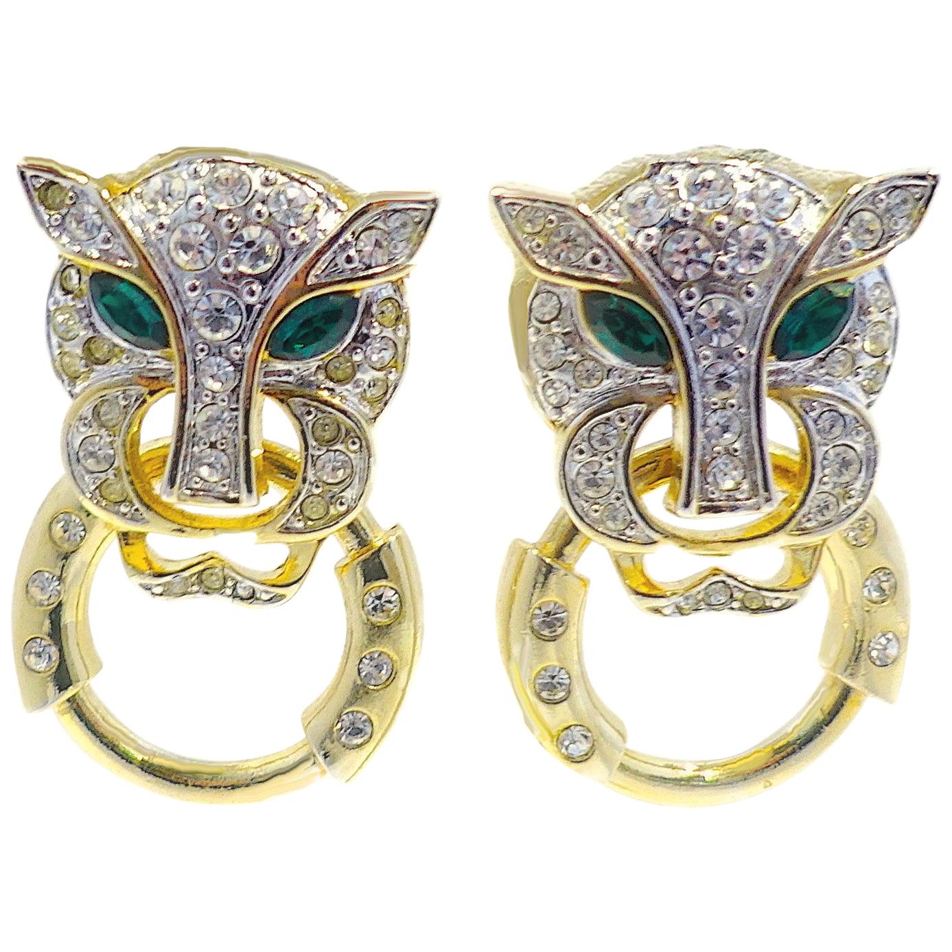 Vintage Crystal Leopard Door Knocker Earrings For Sale