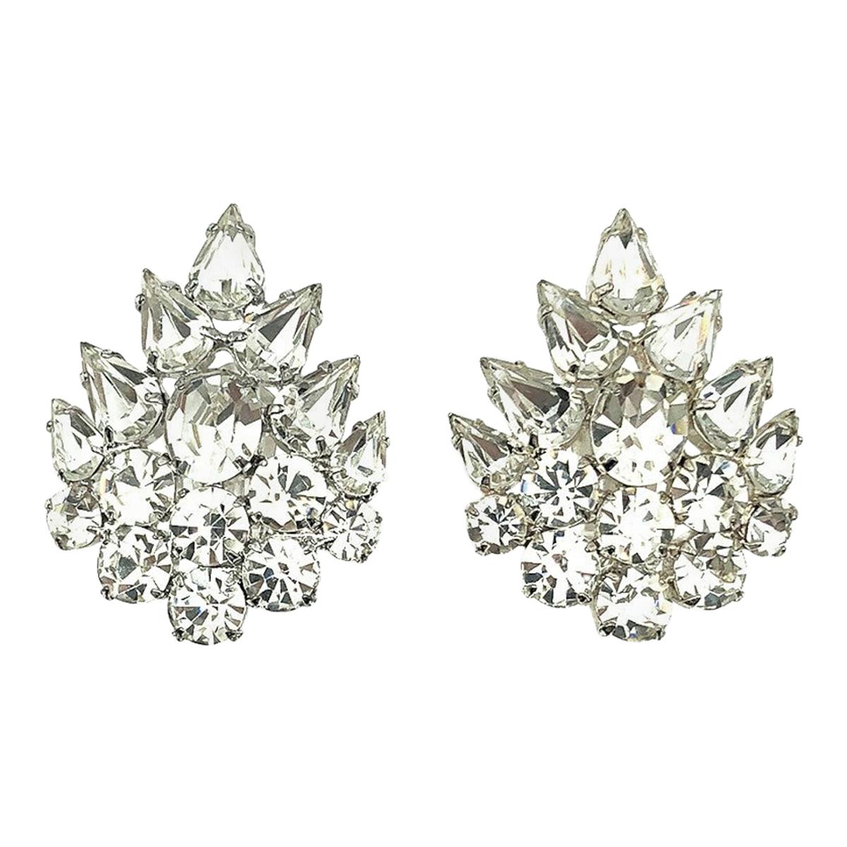 Vintage Crystal Marquise Cluster Earrings 1980s For Sale