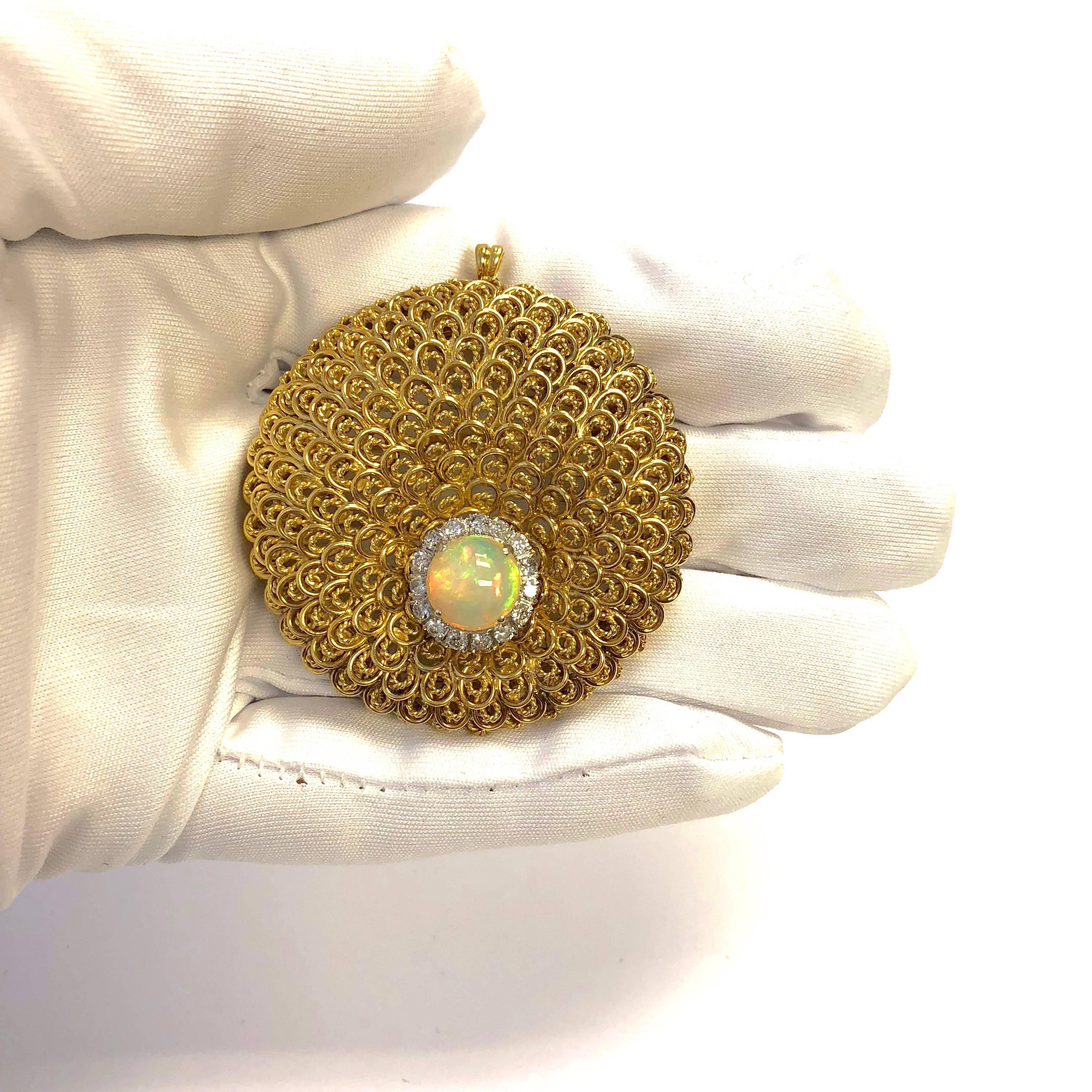 Women's or Men's Vintage Crystal Opal and Diamond Gold Pin Pendant For Sale