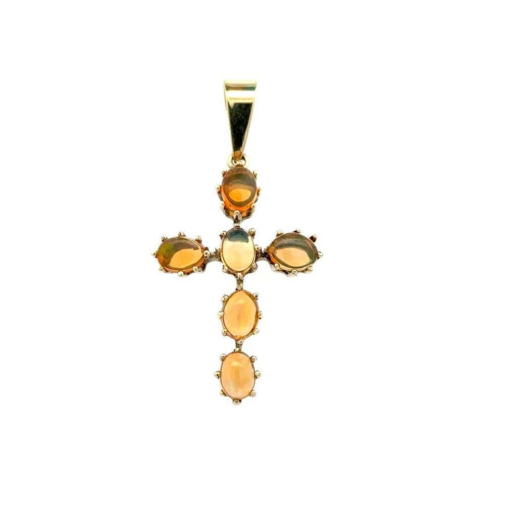Modernist Vintage Crystal Orange Opal Cross Gold Pendant For Sale