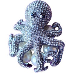 Broche vintage Pulpo de cristal pavé con perlas sobredimensionadas Declaración Vida Marina