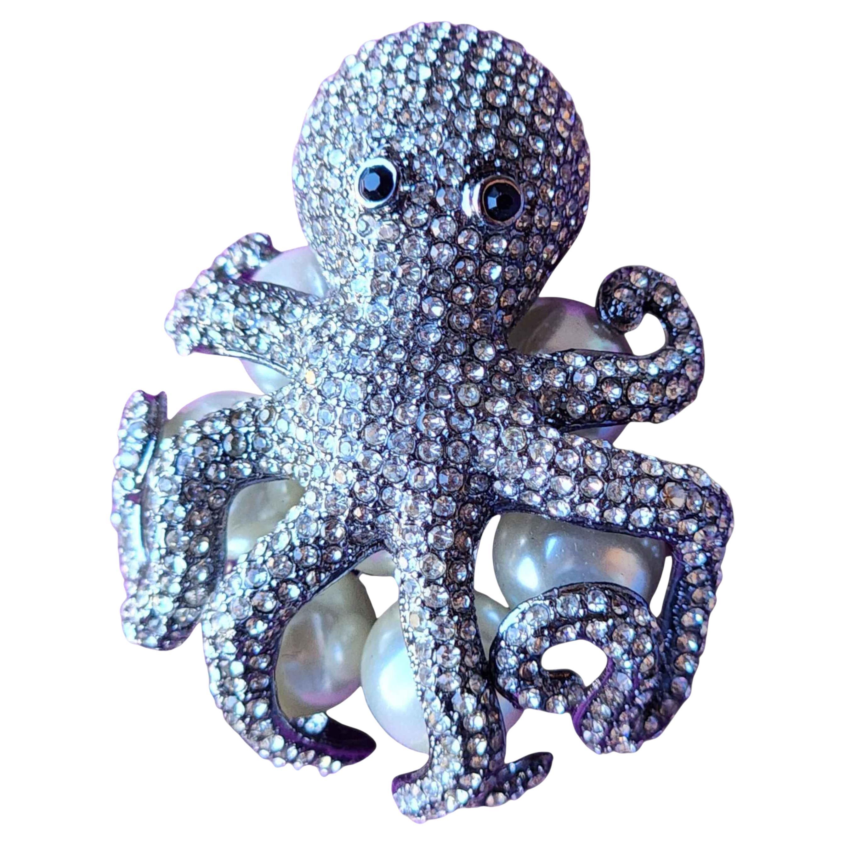 Broche vintage Pulpo de cristal pavé con perlas sobredimensionadas Declaración Vida Marina